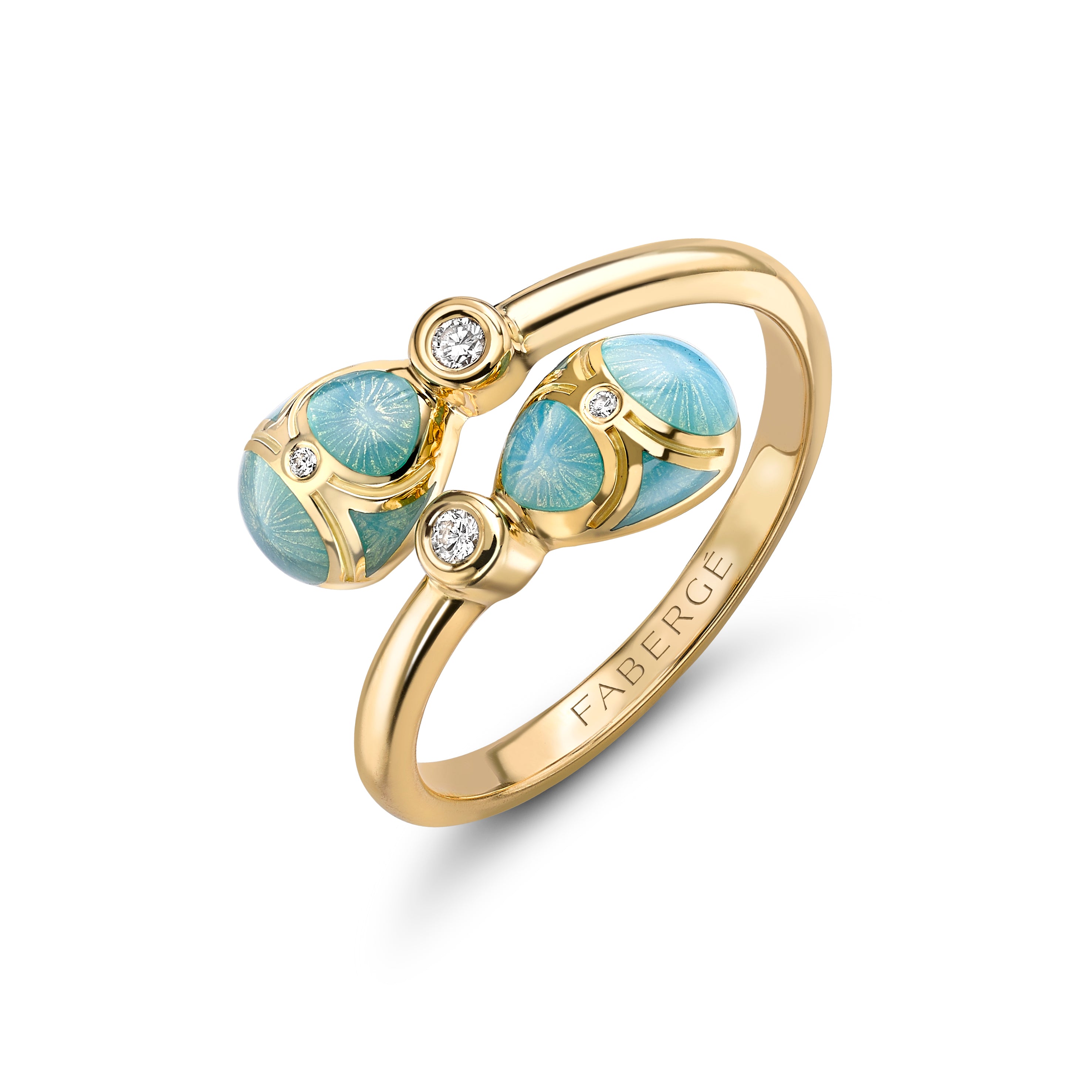Fabergé Heritage Yellow Gold Diamond & Turquoise Guilloché Enamel Crossover Ring
