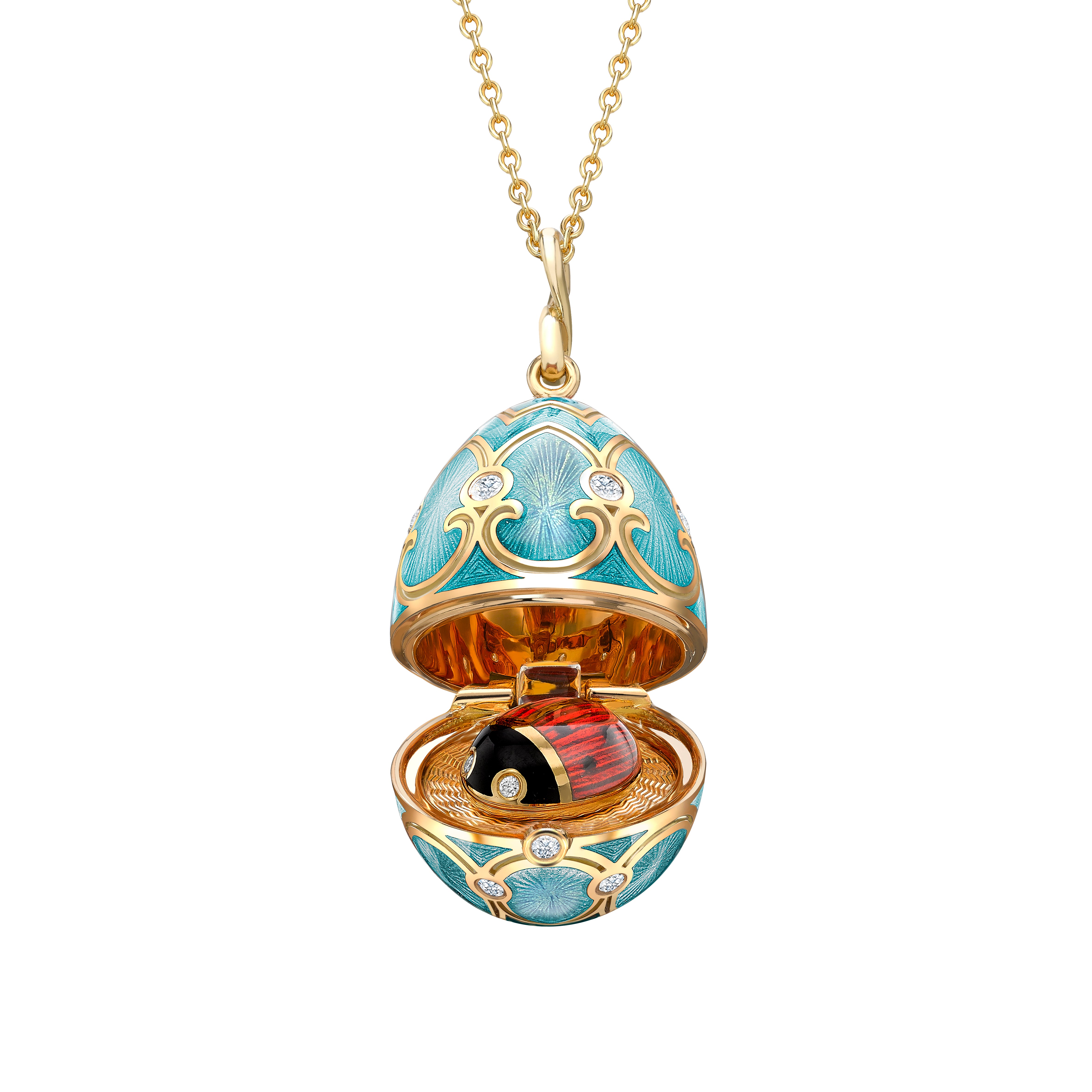 Fabergé Heritage Yellow Gold Diamond & Turquoise Guilloché Enamel Ladybird Surprise Locket