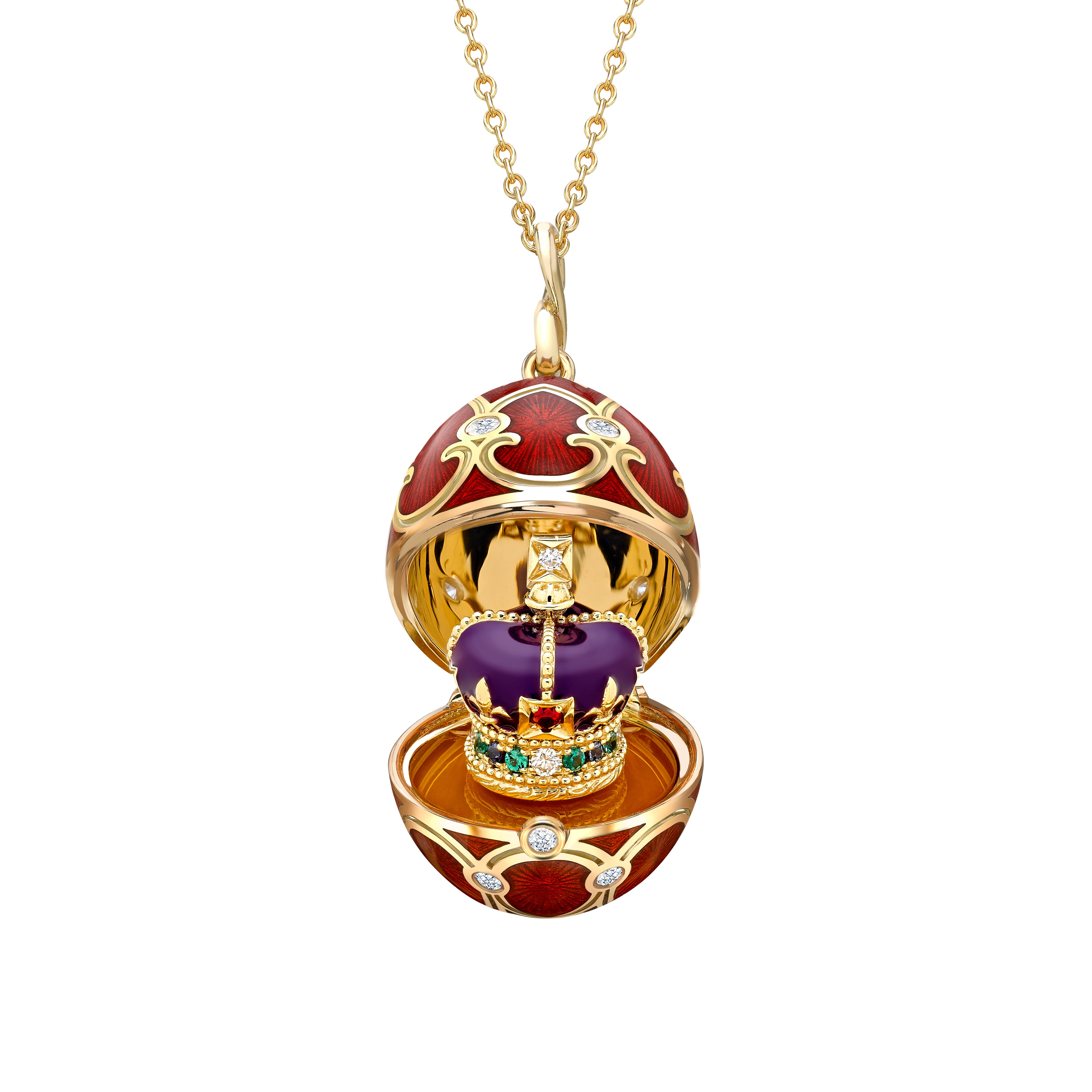 Fabergé Heritage Yellow Gold Diamond & Red Guilloche Enamel Coronation Crown Surprise Locket