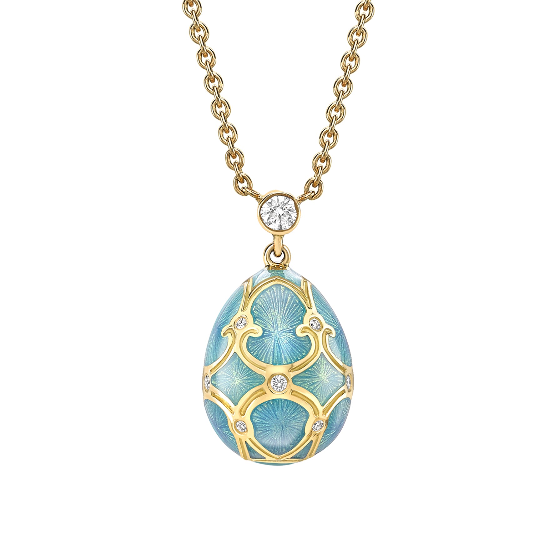 Fabergé Heritage Yellow Gold Diamond & Turquoise Guilloché Enamel Petite Egg Pendant