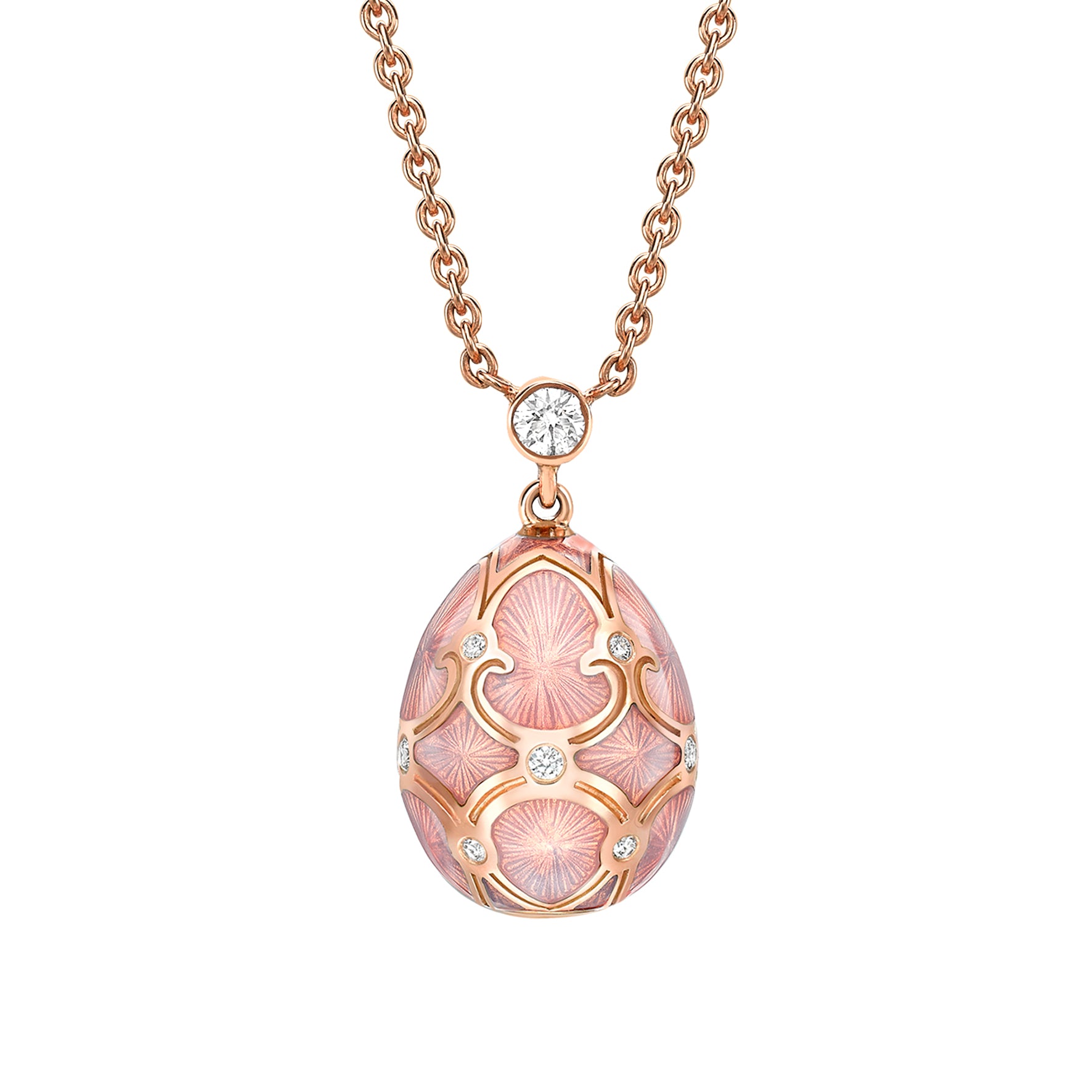 Fabergé Heritage Rose Gold Diamond & Pink Guilloché Enamel Petite Egg Pendant