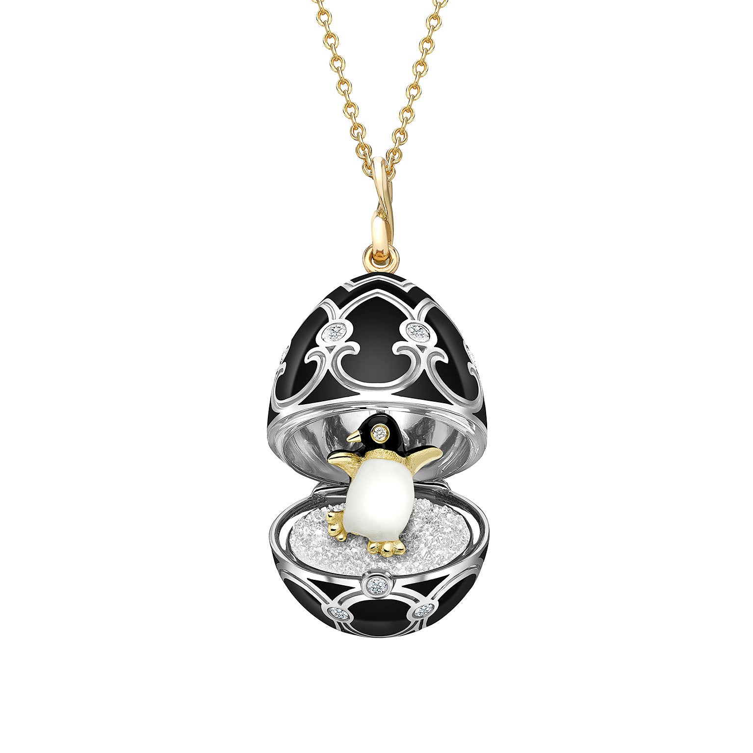 Faberge Heritage Yellow and White Gold Diamond and Black Enamel Penguin Surprise Locket