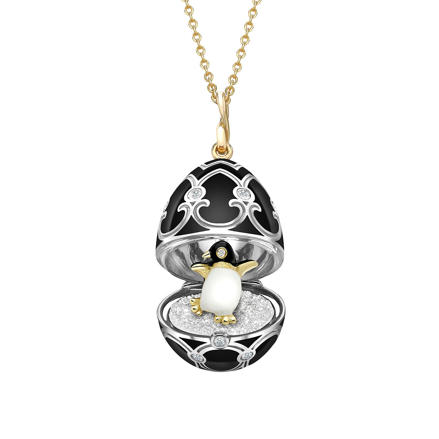Fabergé Heritage Yellow and White Gold Diamond and Black Enamel Penguin Surprise Locket