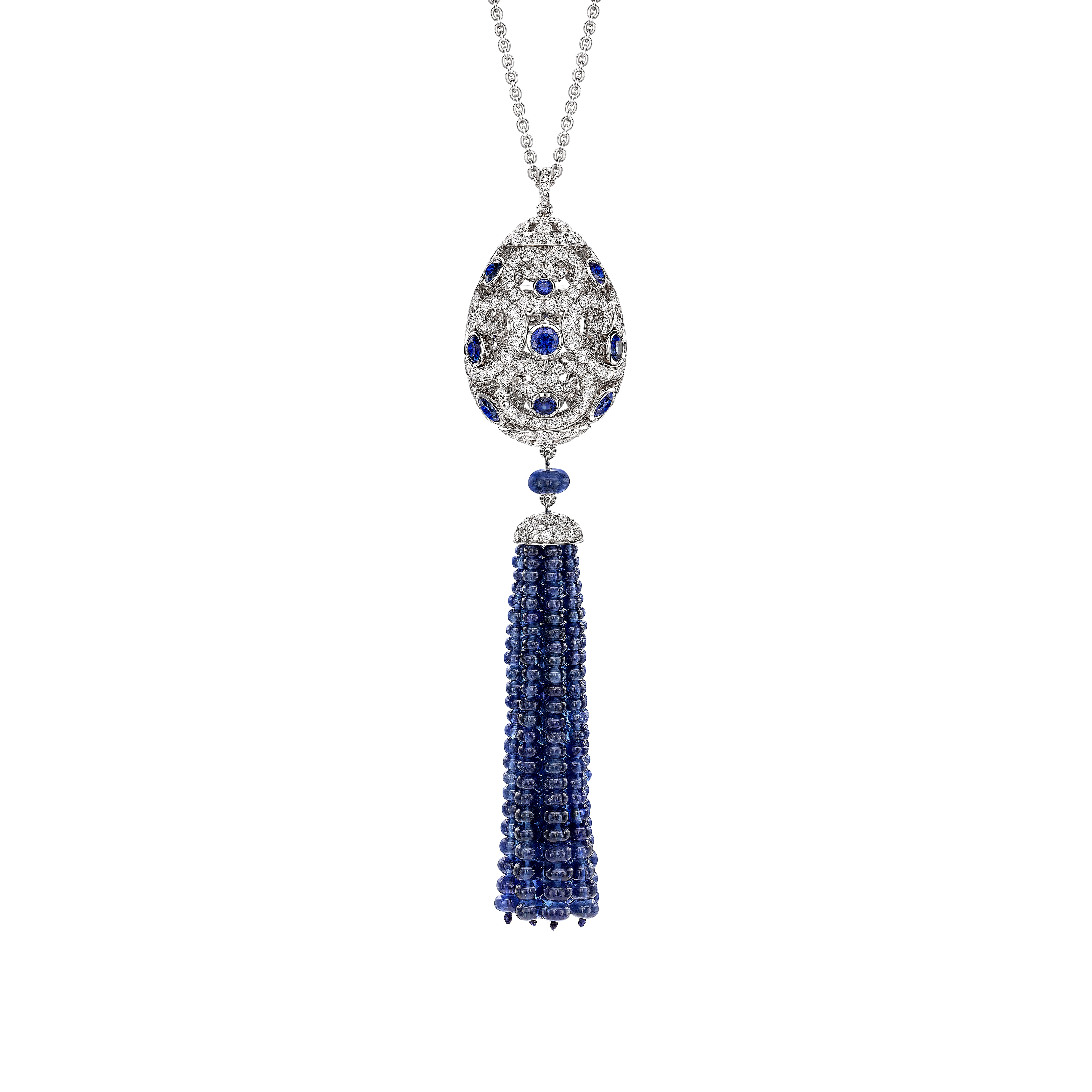 Fabergé High Jewellery White Gold Imperial Sapphire Tassel Egg Pendant