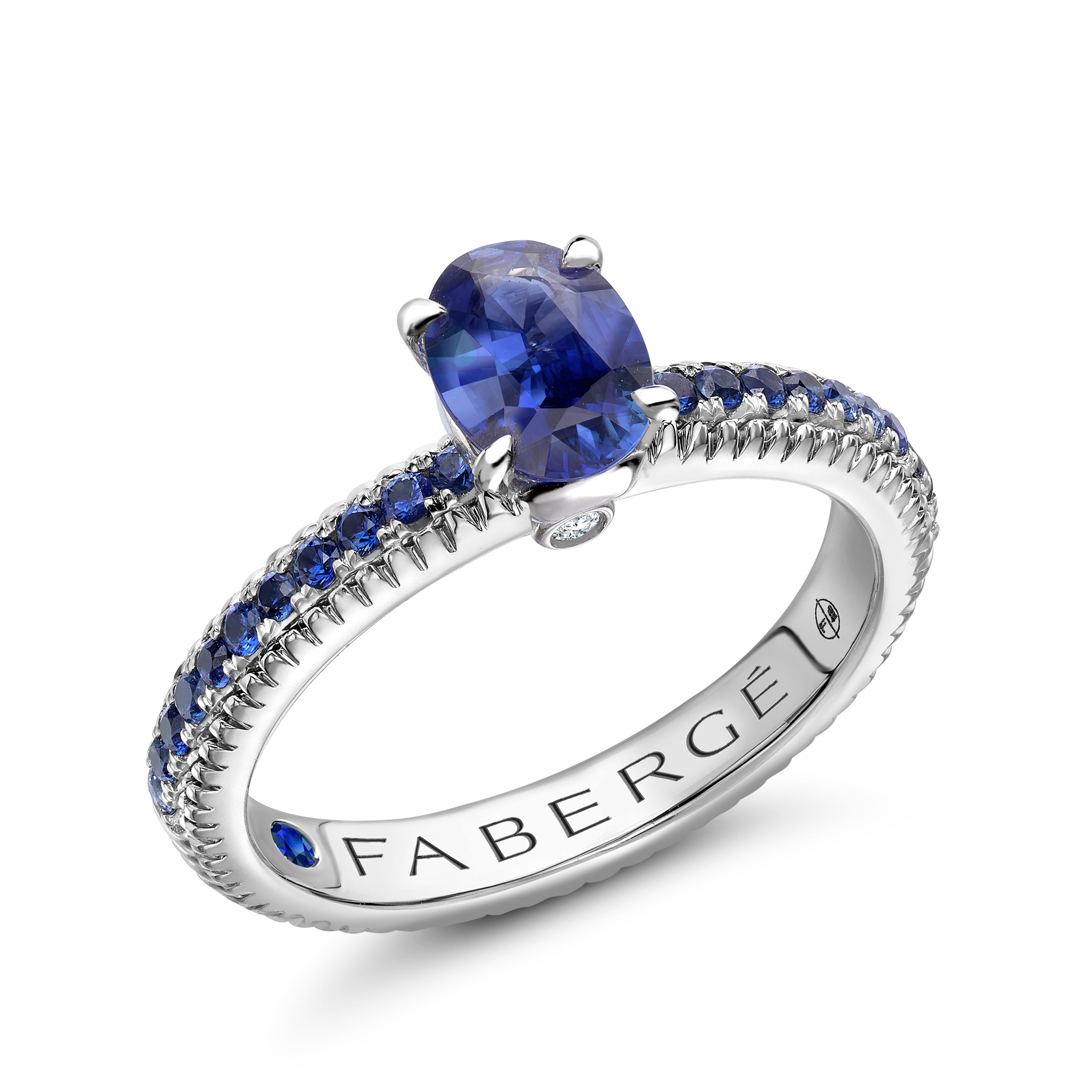 Colours of Love White Gold Blue Sapphire Fluted Ring with Blue Sapphire Shoulders