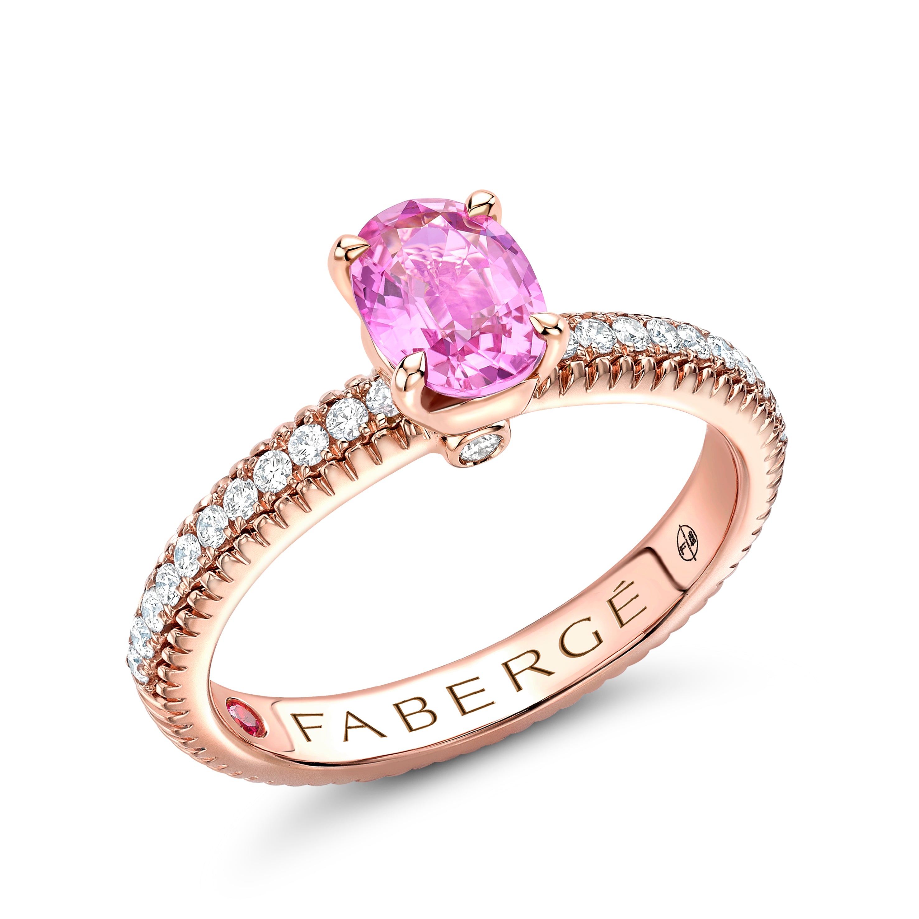 Colours of Love Rose Gold Pink Sapphire Fluted Ring with Diamond Shoulders
