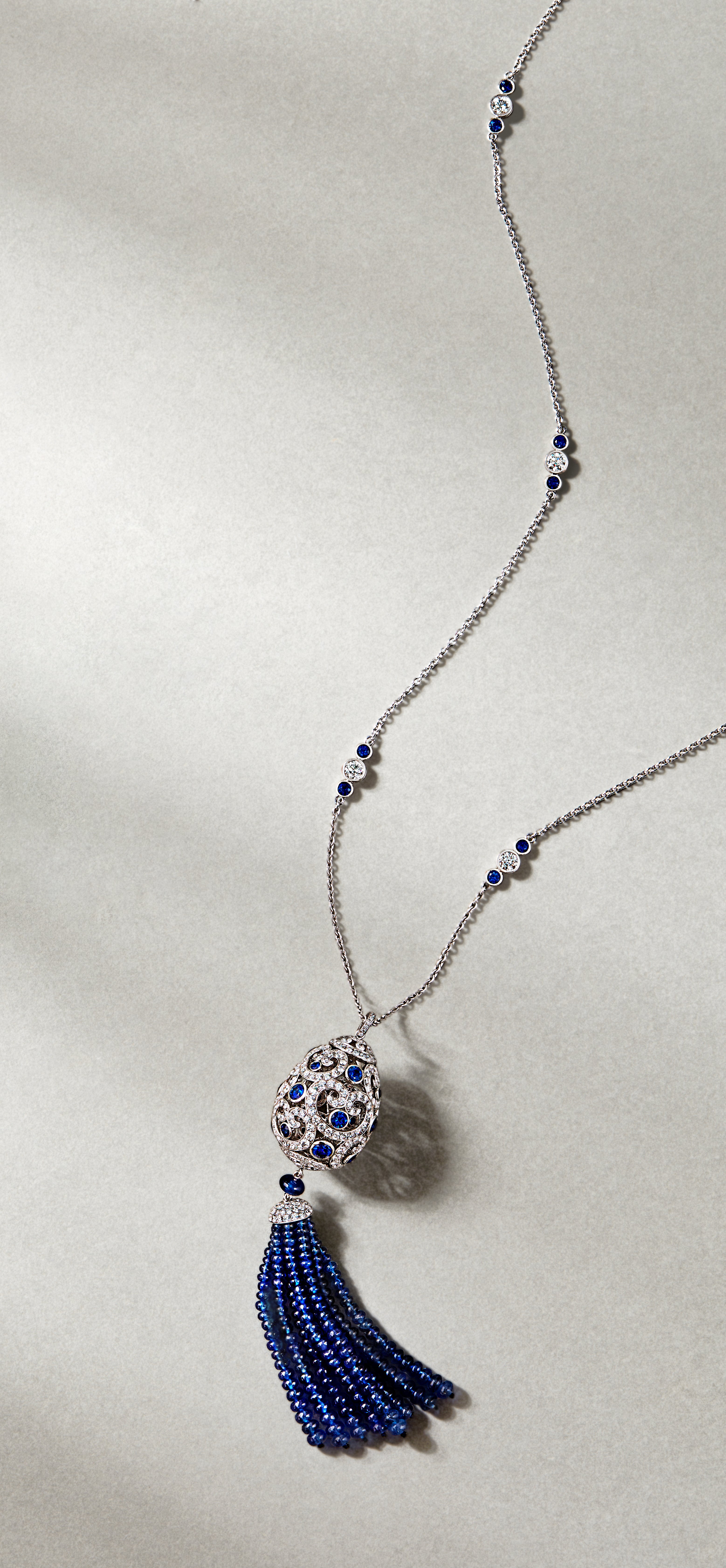 Fabergé High Jewellery White Gold Imperial Sapphire Tassel Egg Pendant