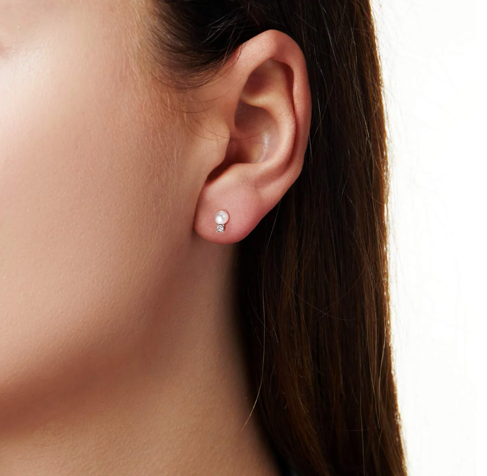 Trend 18K Gold Freshwater Pearl & Diamond Petite Stud Earrings