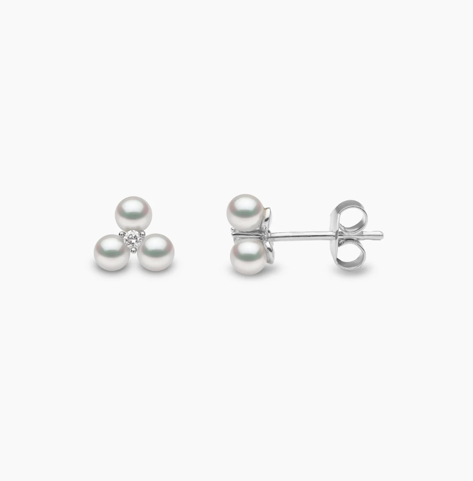 Trend 18K Gold Triple Freshwater Pearl And Diamond Stud Earrings