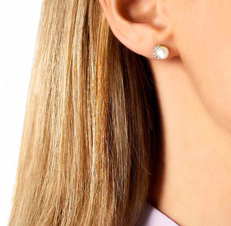 Trend 18K Gold Freshwater Pearl And Diamond Half Moon Stud Earrings