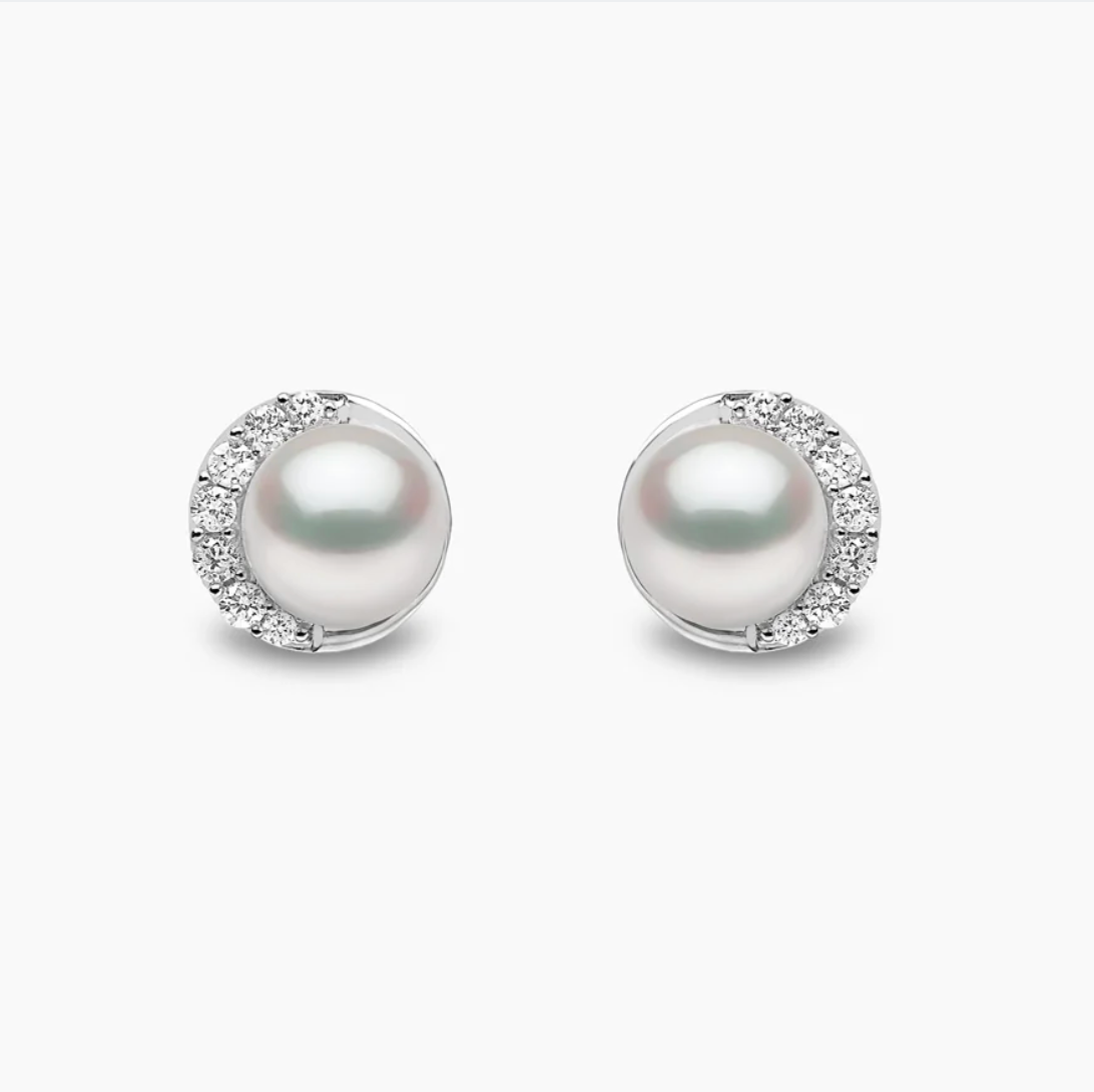 Trend 18K Gold Freshwater Pearl & Diamond Half Moon Stud Earrings