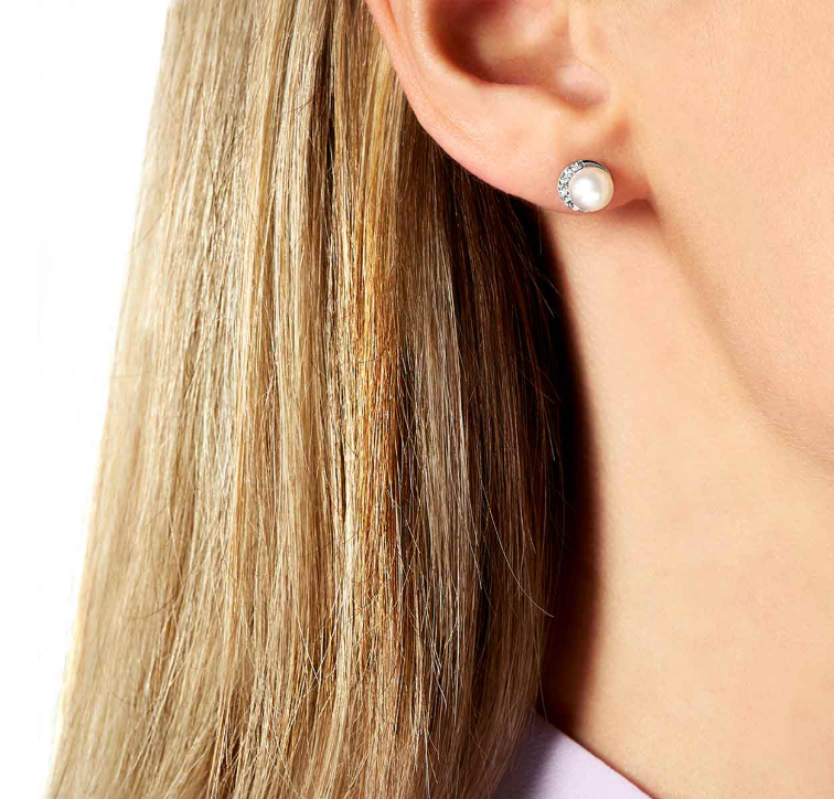 Trend 18K Gold Freshwater Pearl & Diamond Half Moon Stud Earrings