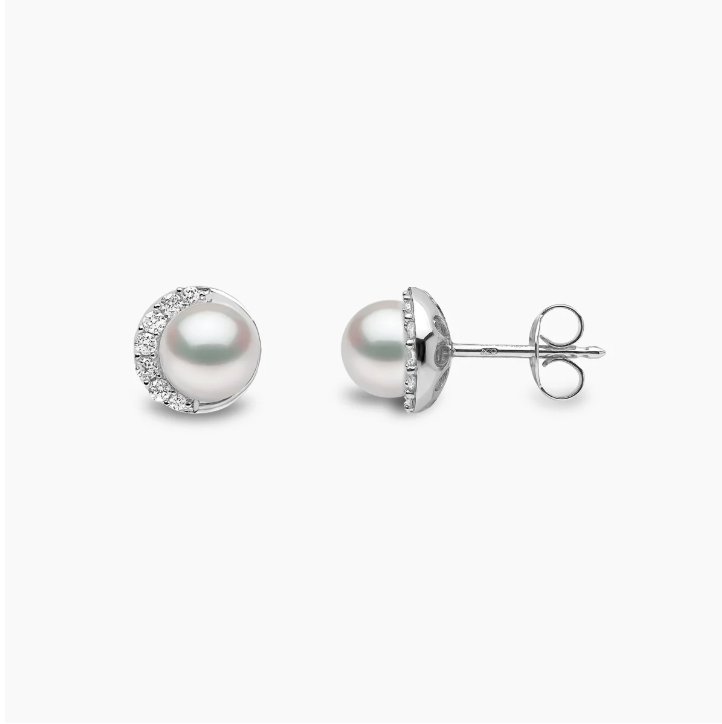 Trend 18K Gold Freshwater Pearl & Diamond Half Moon Stud Earrings