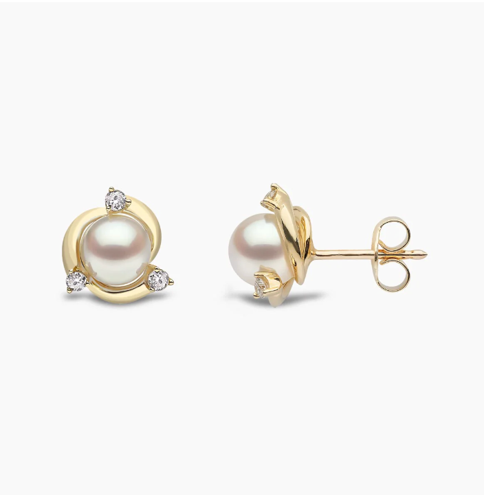 Trend 18K Gold Freshwater Pearl & Round Diamond Stud Earrings