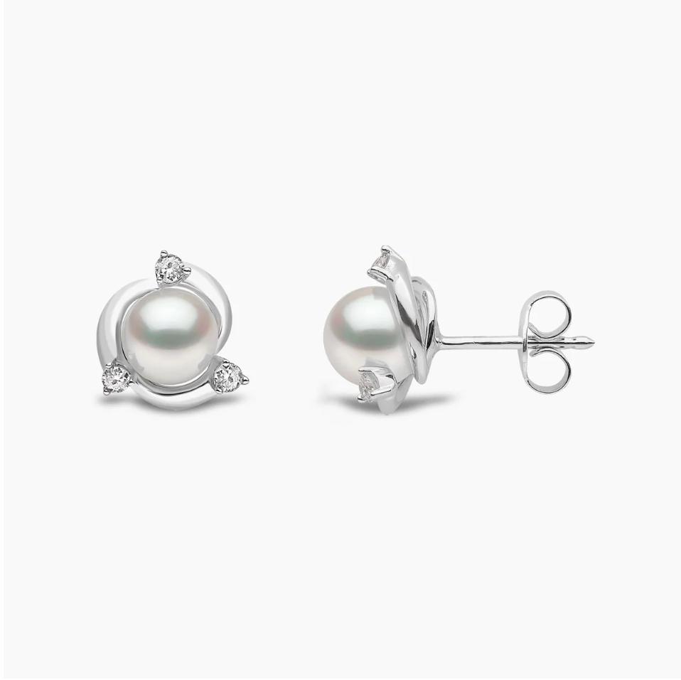 Trend 18K Gold Freshwater Pearl & Round Diamond Stud Earrings