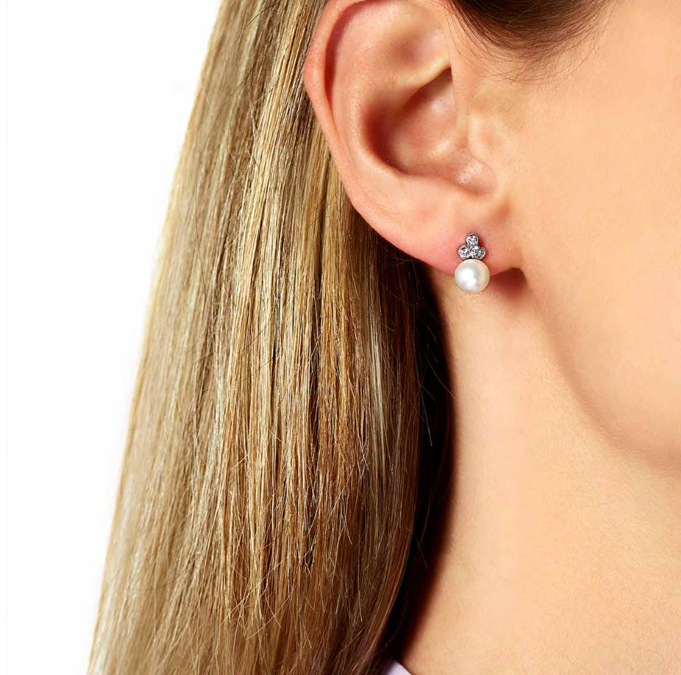Trend 18K Gold Freshwater Pearl & Mini Diamond Motif Stud Earrings