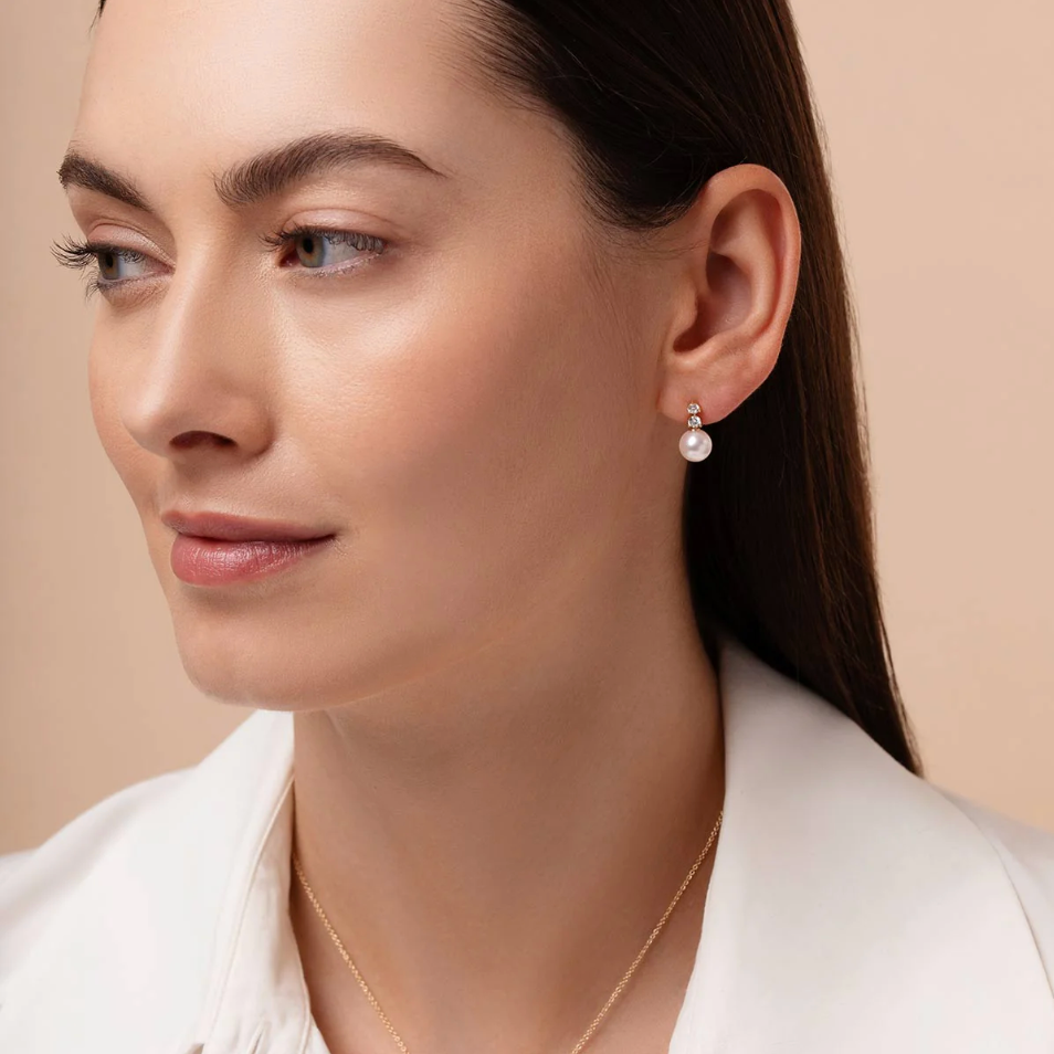 Diamond Classic 18K Gold Akoya Pearl Double Diamond Earrings