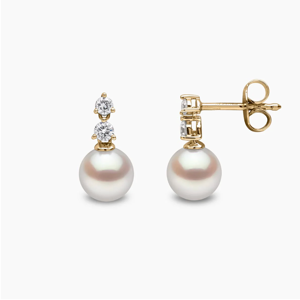 Diamond Classic 18K Gold Akoya Pearl Double Diamond Earrings