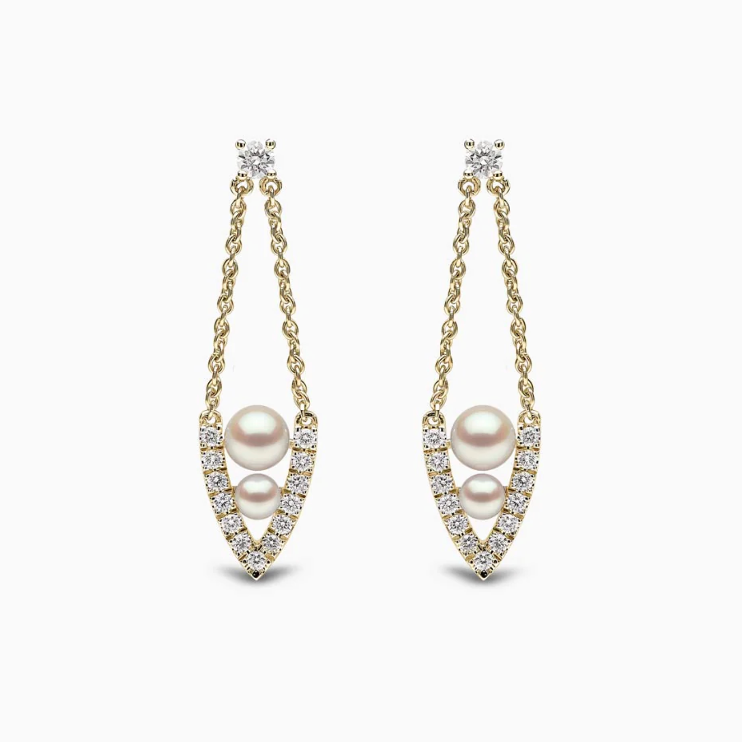Sleek 18K Gold Pearl & Diamond Drop V Shaped Earrings