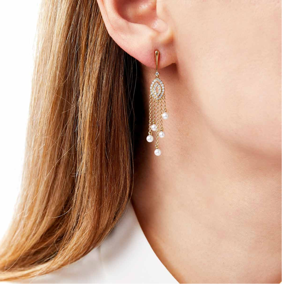 Sleek 18K Gold Pearl & Diamond Drop V Shaped Earrings