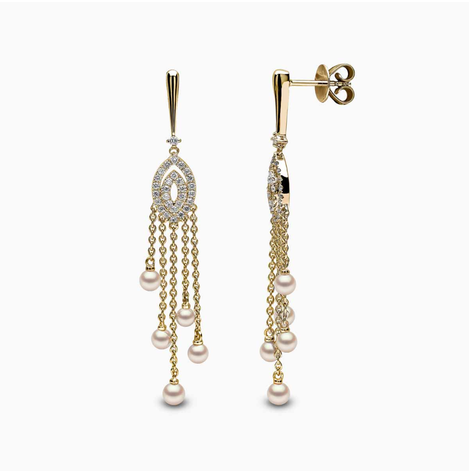 Sleek 18K Gold Pearl & Diamond Drop V Shaped Earrings