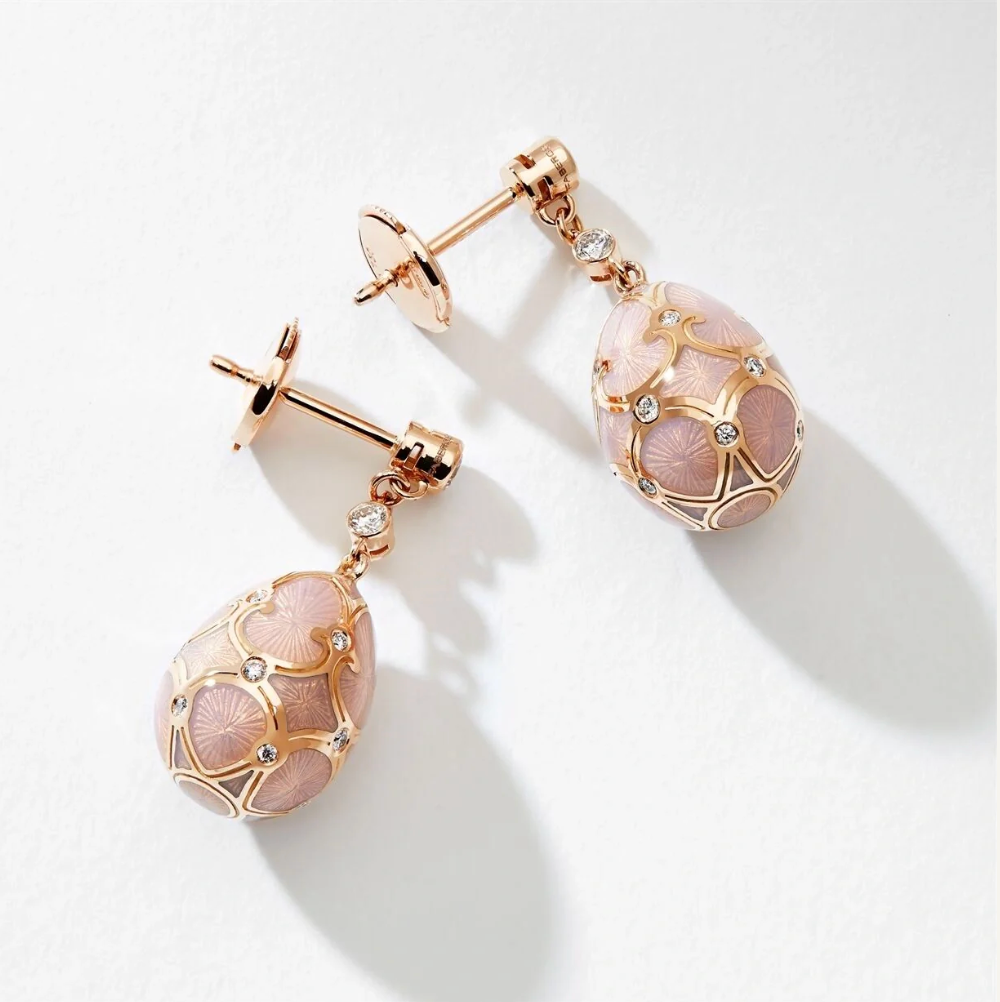 Fabergé Heritage Rose Gold Diamond & Pink Guilloché Enamel Egg Drop Earrings