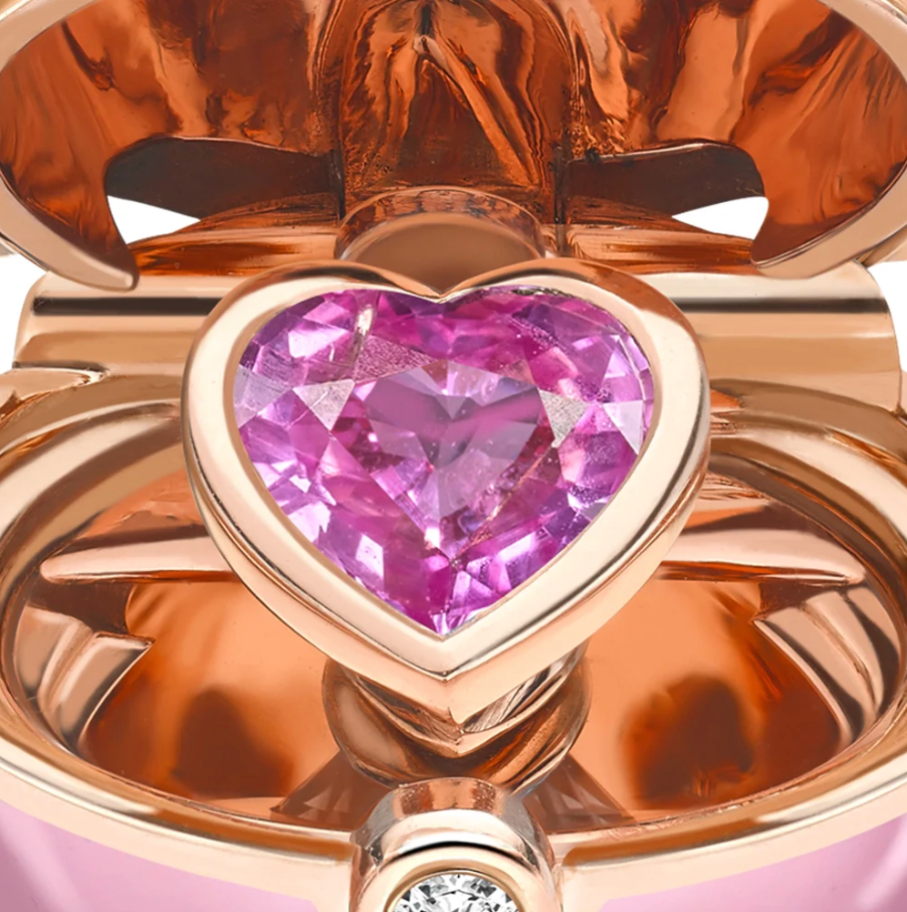 Fabergé Essence Rose Gold, Diamond & Pink Sapphire Heart Surprise Locket with Pink Lacquer