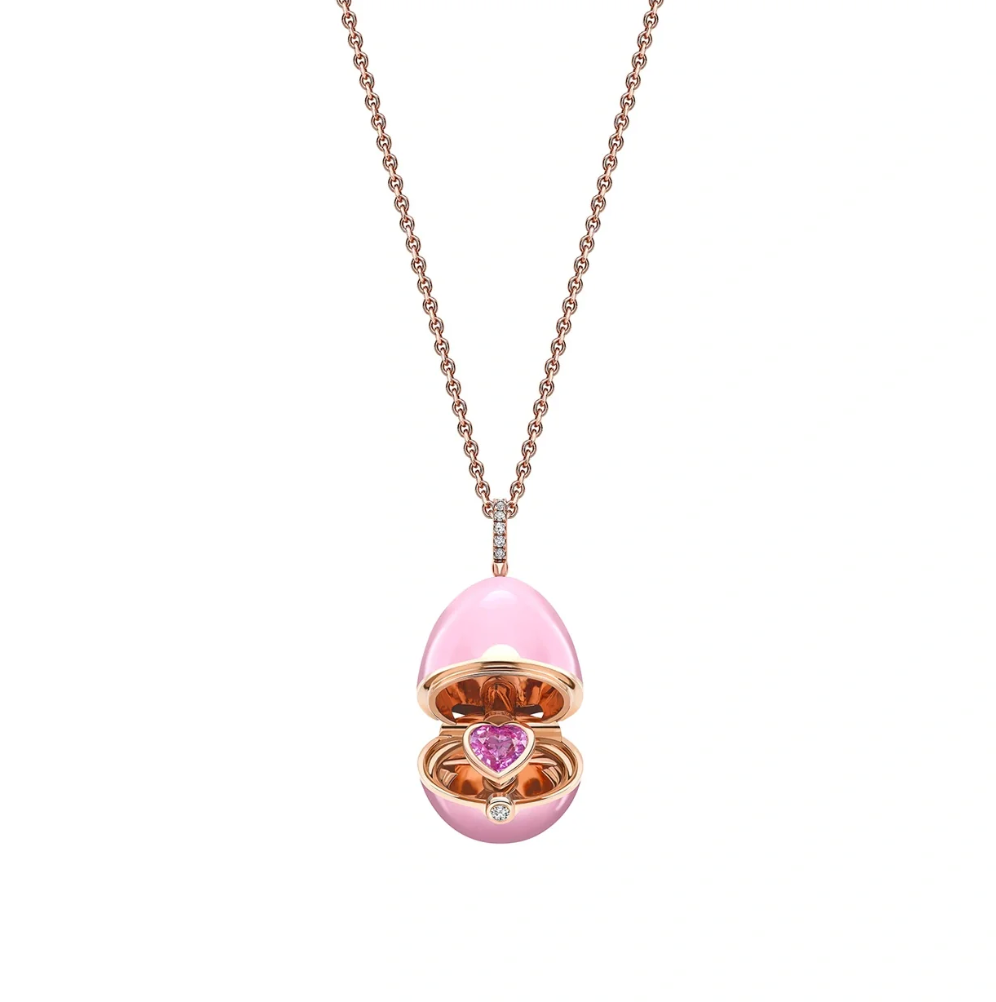 Fabergé Essence Rose Gold, Diamond & Pink Sapphire Heart Surprise Locket with Pink Lacquer