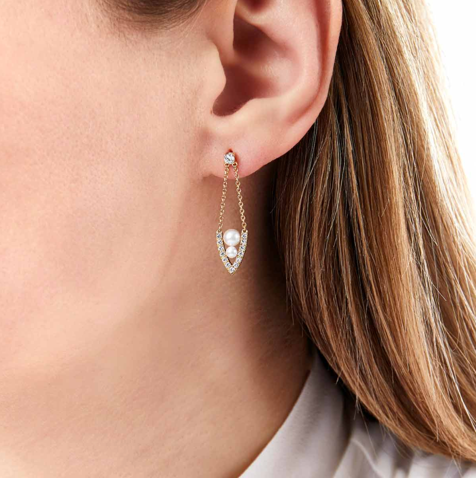 Sleek 18K Gold Pearl & Diamond Drop V Shaped Earrings