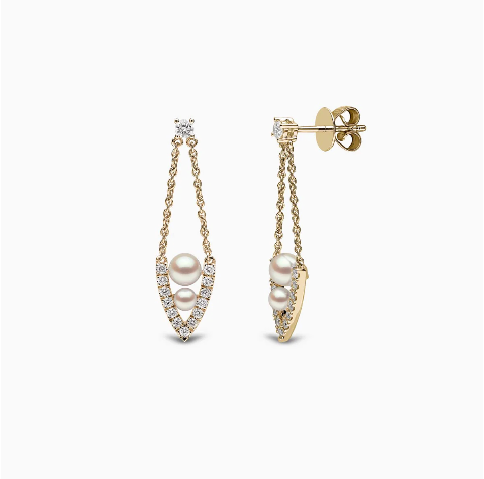Sleek 18K Gold Pearl & Diamond Drop V Shaped Earrings