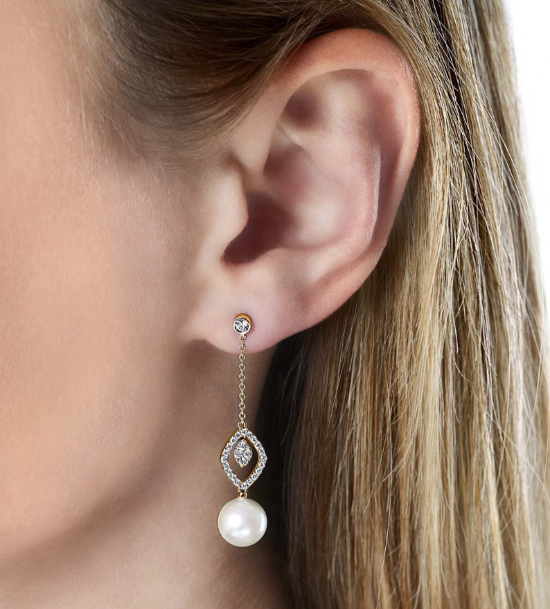 18K Yellow Gold Freshwater Pearl & Diamond Drop Earrings