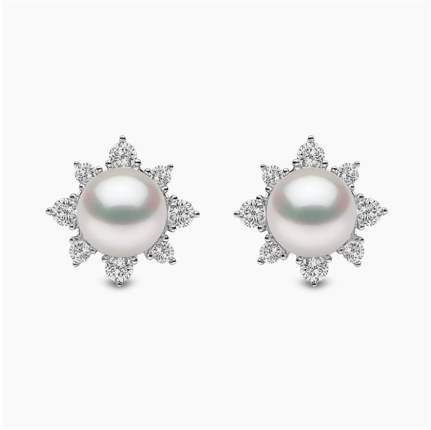 18K White Gold Freshwater Pearl & Diamond Stud Earrings