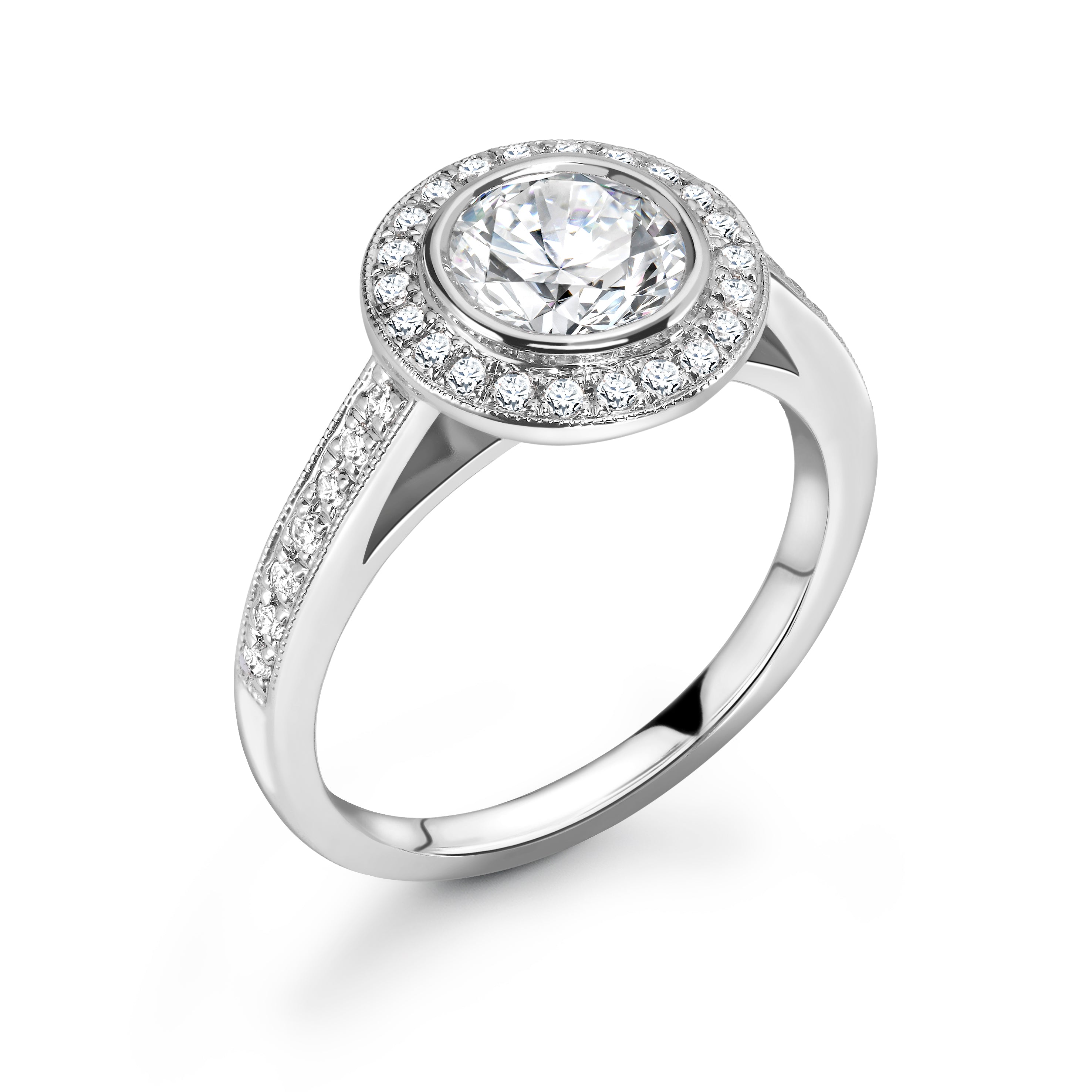 Sarah - Round Brilliant Halo, Shoulder Set Ring