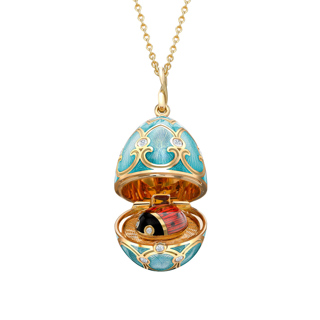 Fabergé Heritage Yellow Gold Diamond & Turquoise Guilloché Enamel Ladybird Surprise Locket