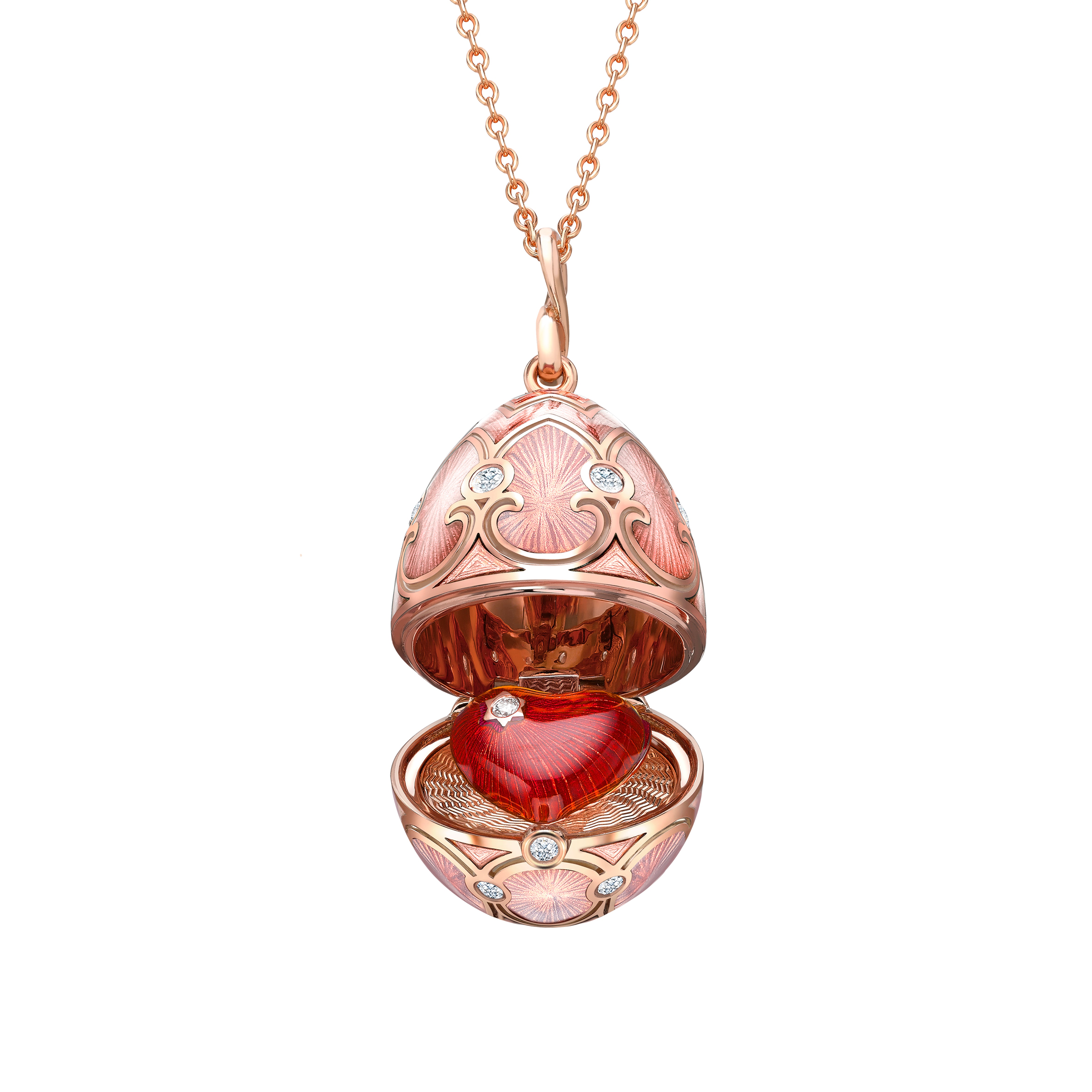 Fabergé Heritage Rose Gold Diamond & Pink Guilloché Enamel Heart Surprise Locket