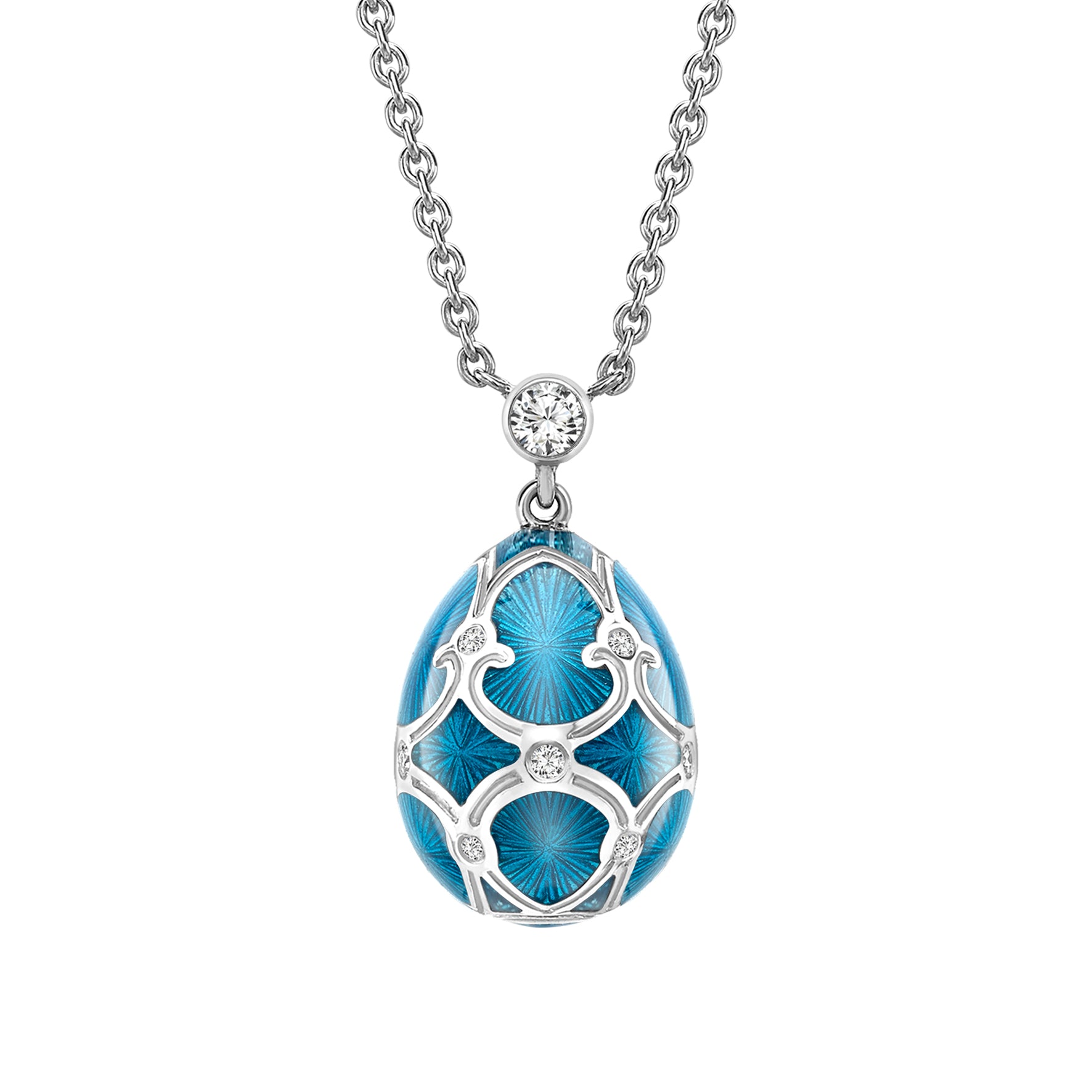 Fabergé Heritage White Gold Diamond & Teal Guilloché Enamel Petite Egg Pendant