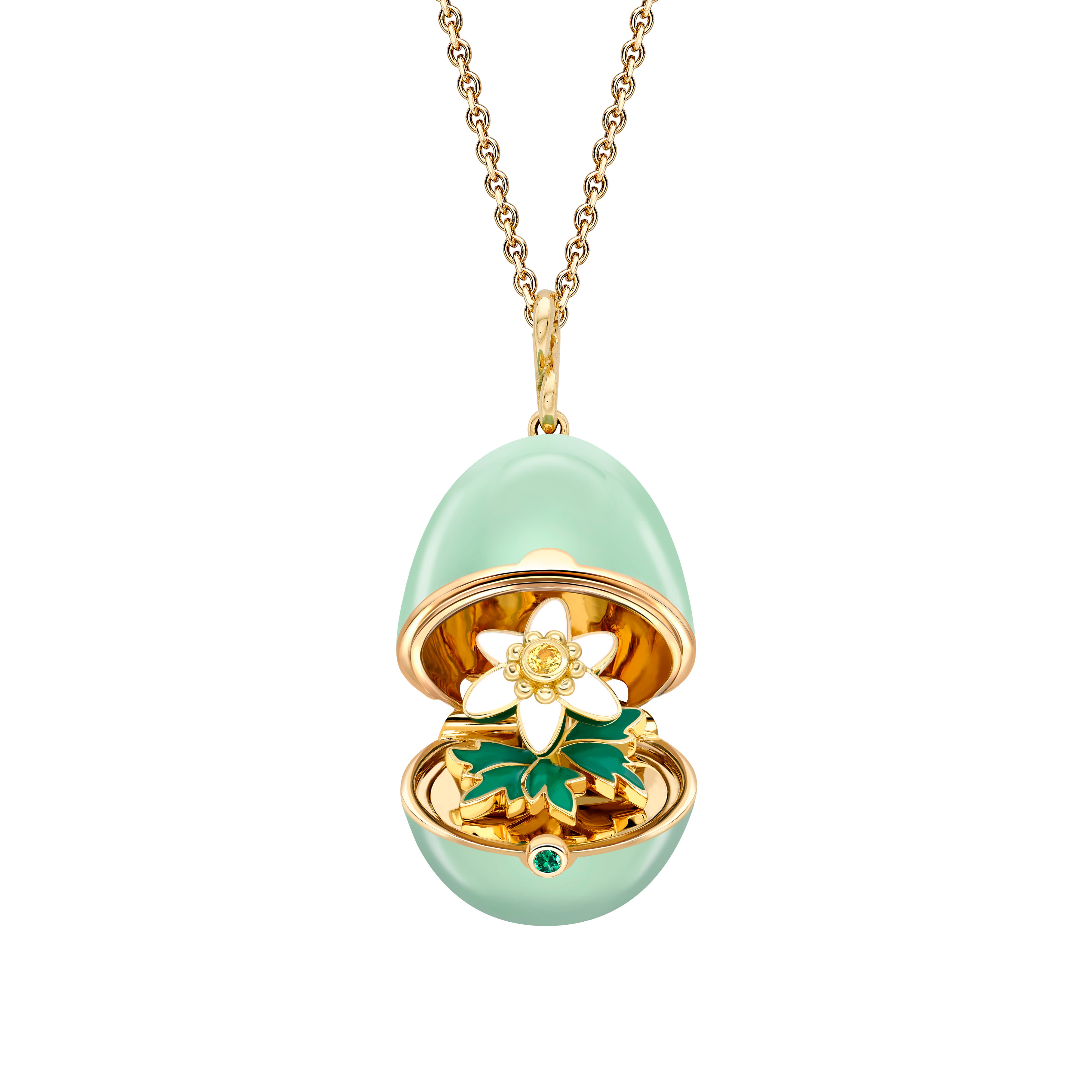 Fabergé Essence Yellow Gold, Yellow Sapphire & Emerald Anemone Surprise Locket With Green Lacquer