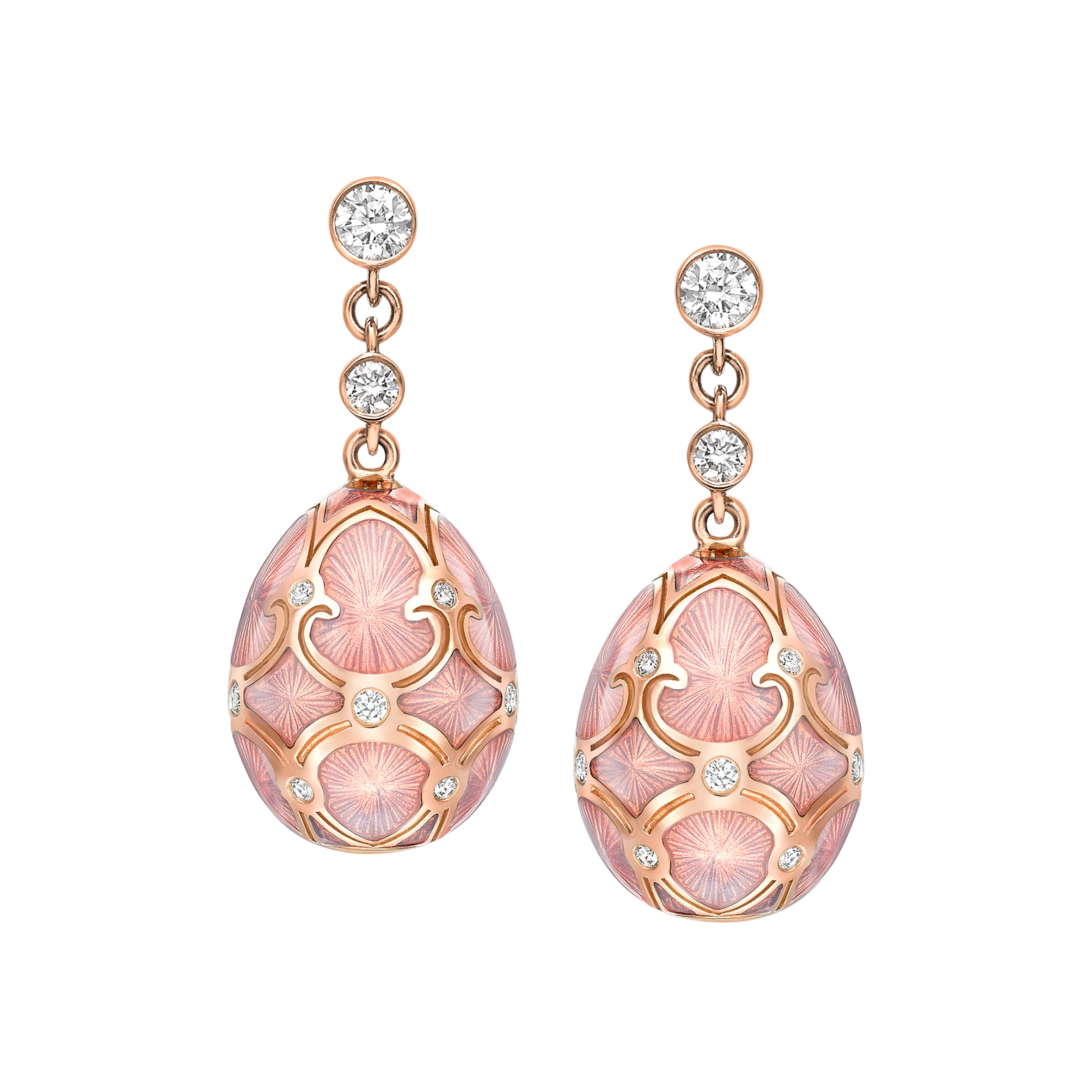 Fabergé Heritage Rose Gold Diamond & Pink Guilloché Enamel Egg Drop Earrings