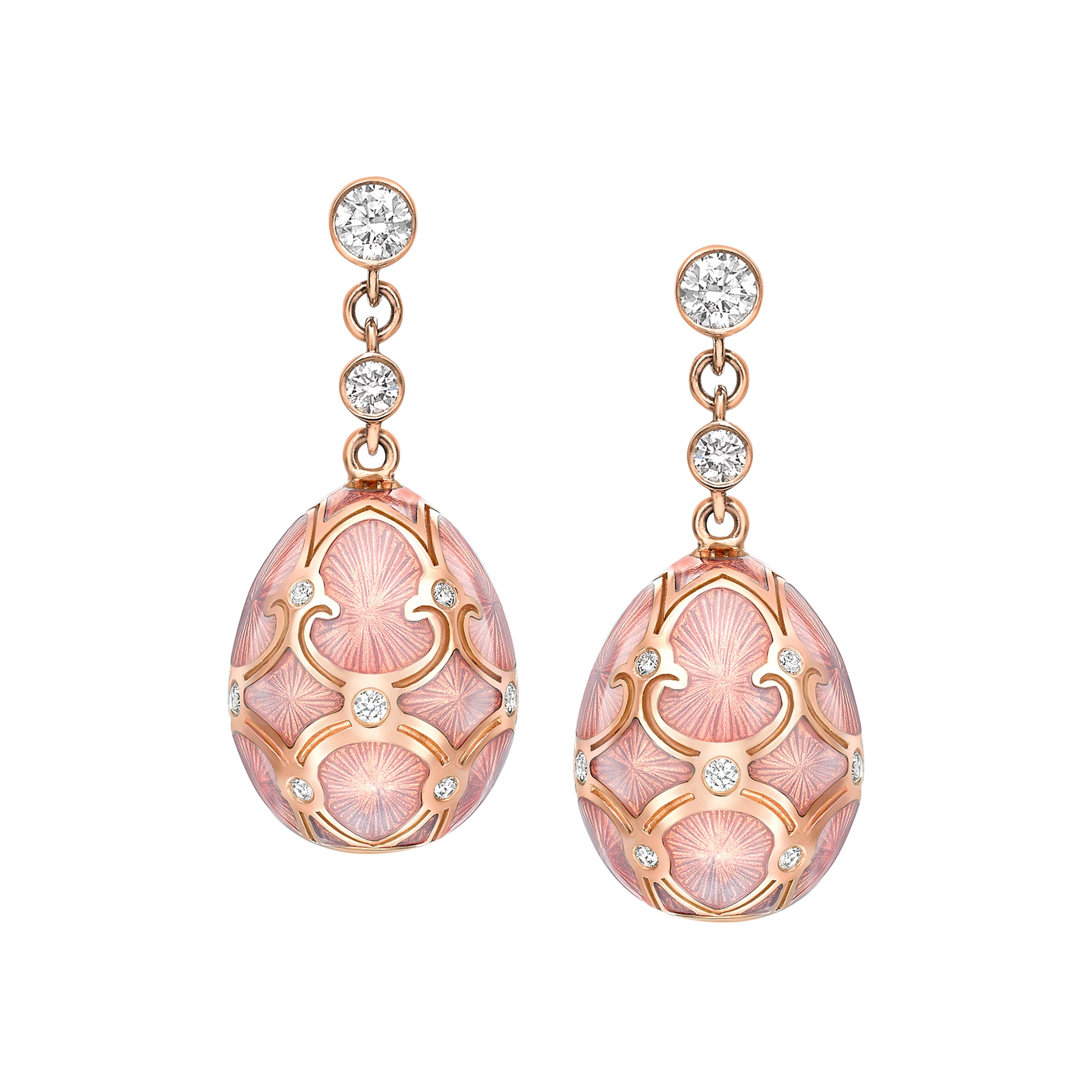 Fabergé Heritage Rose Gold Diamond & Pink Guilloché Enamel Egg Drop Earrings