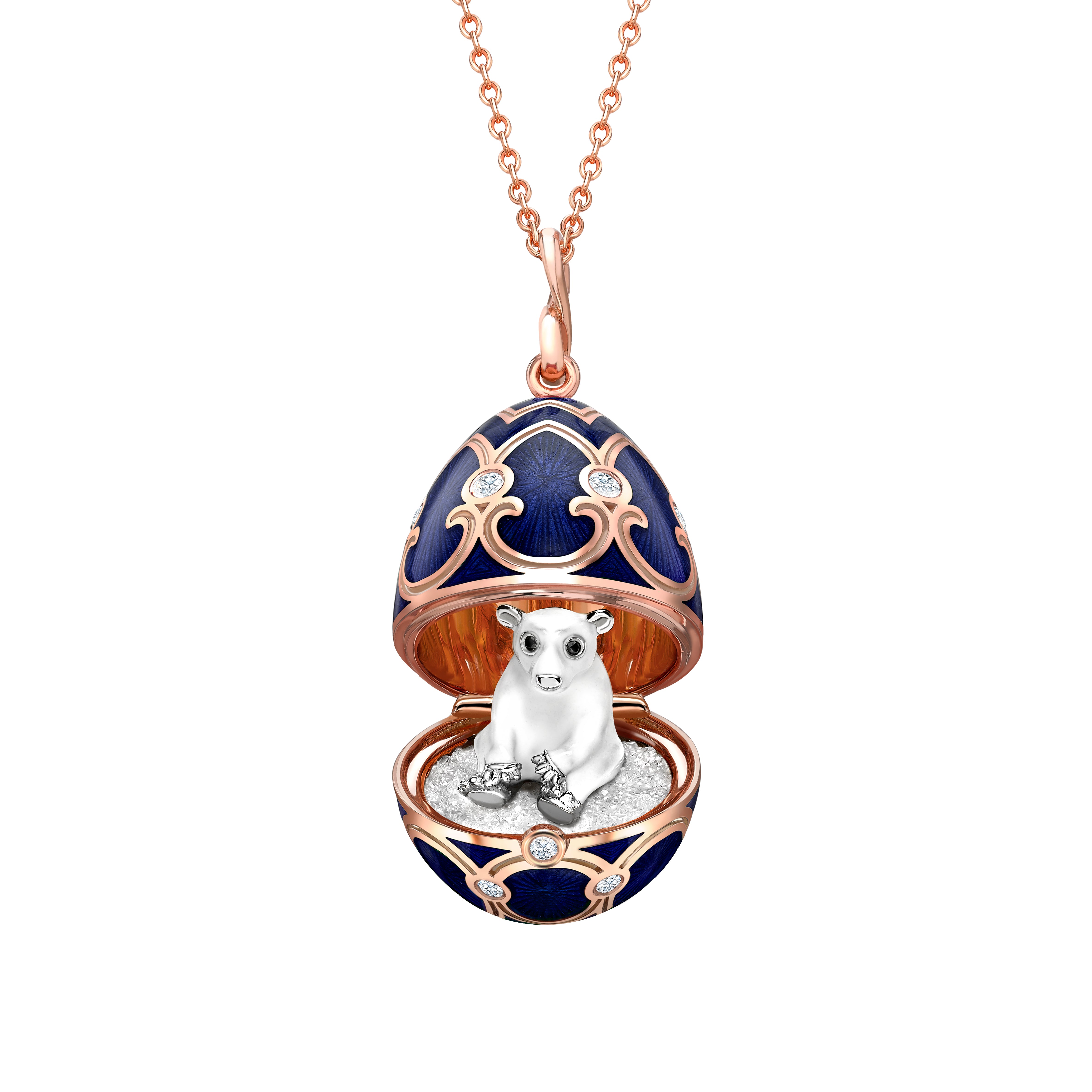 Fabergé Heritage Rose Gold Dark Blue Guilloché Enamel Polar Bear Surprise Locket