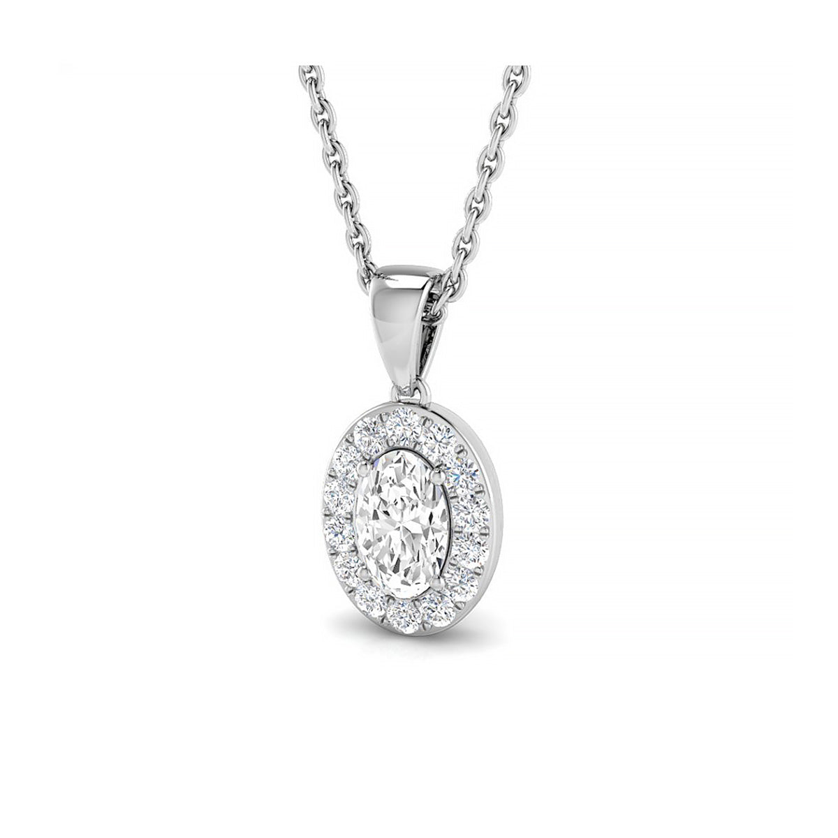 18K White Gold Oval Halo Diamond Pendant