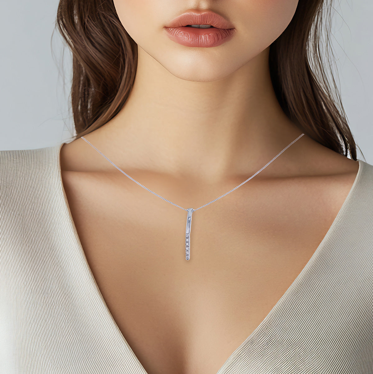 9K WHITE GOLD CZ BAR DROP PENDANT ON CHAIN NECKLACE/ 16"