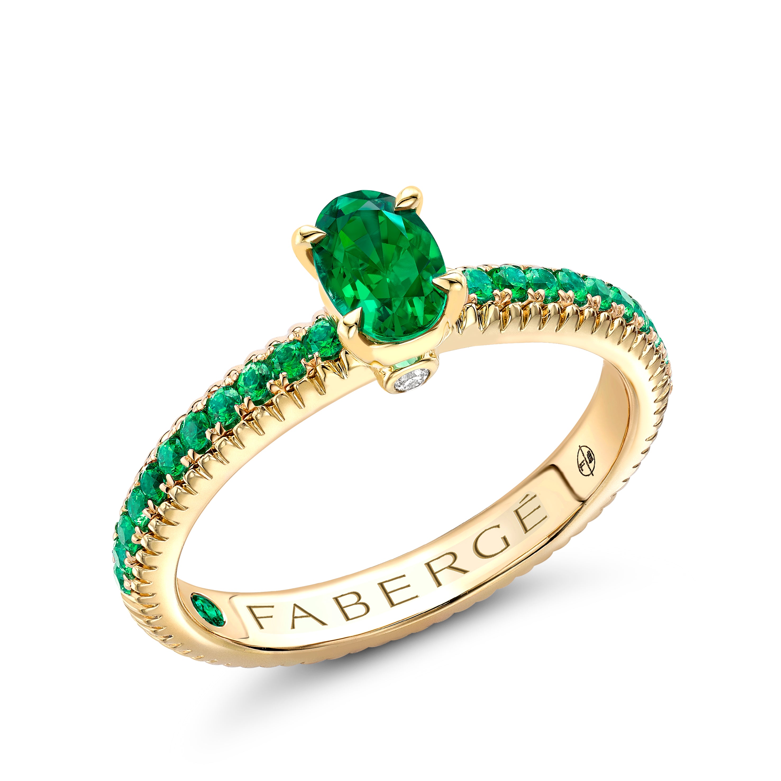 Love by Faberge Yellow Gold Emerald Fluted Ring with Tsavorite Shoulders