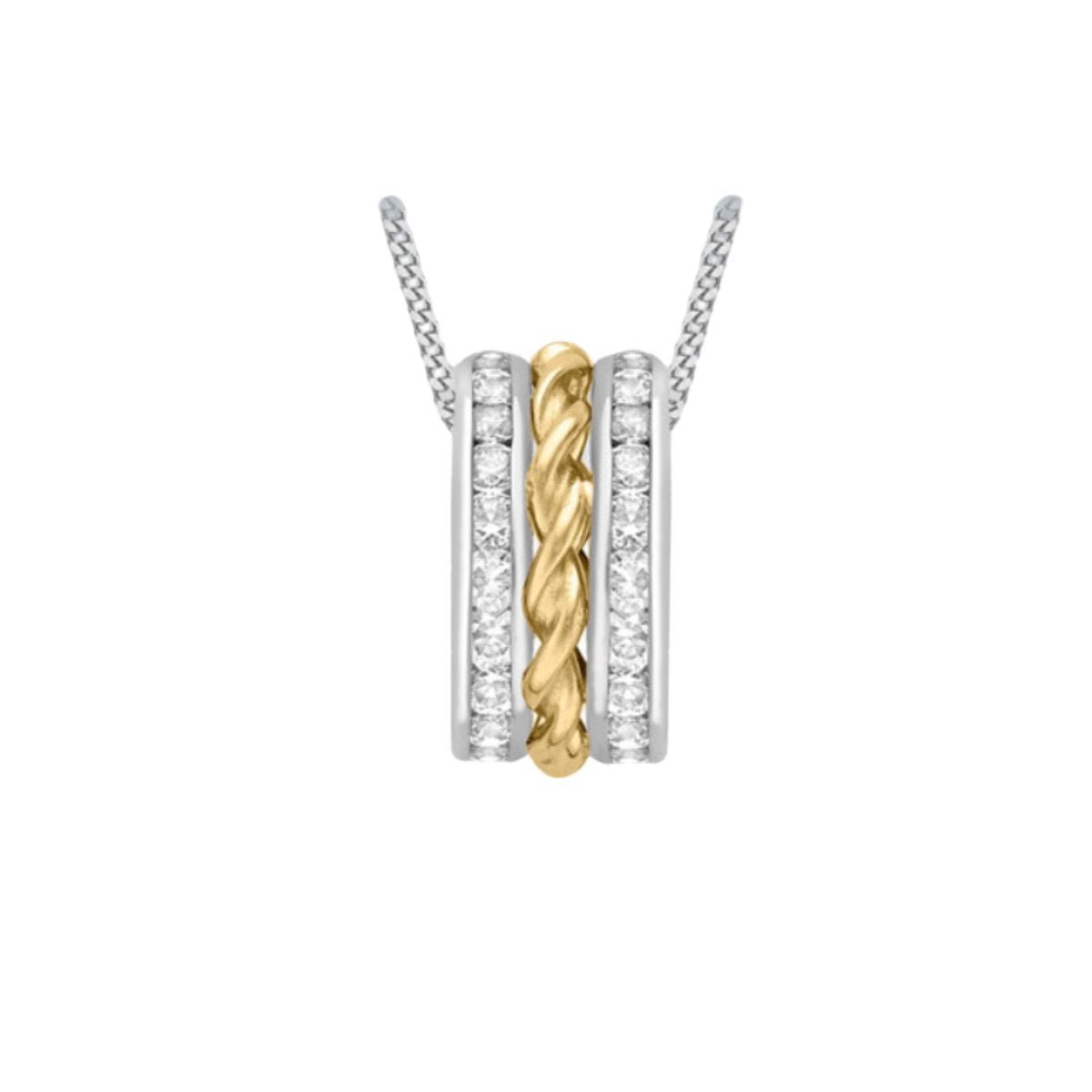 9K 2-TONE GOLD CZ 7MM X 13MM TWINED 3-RING PENDANT