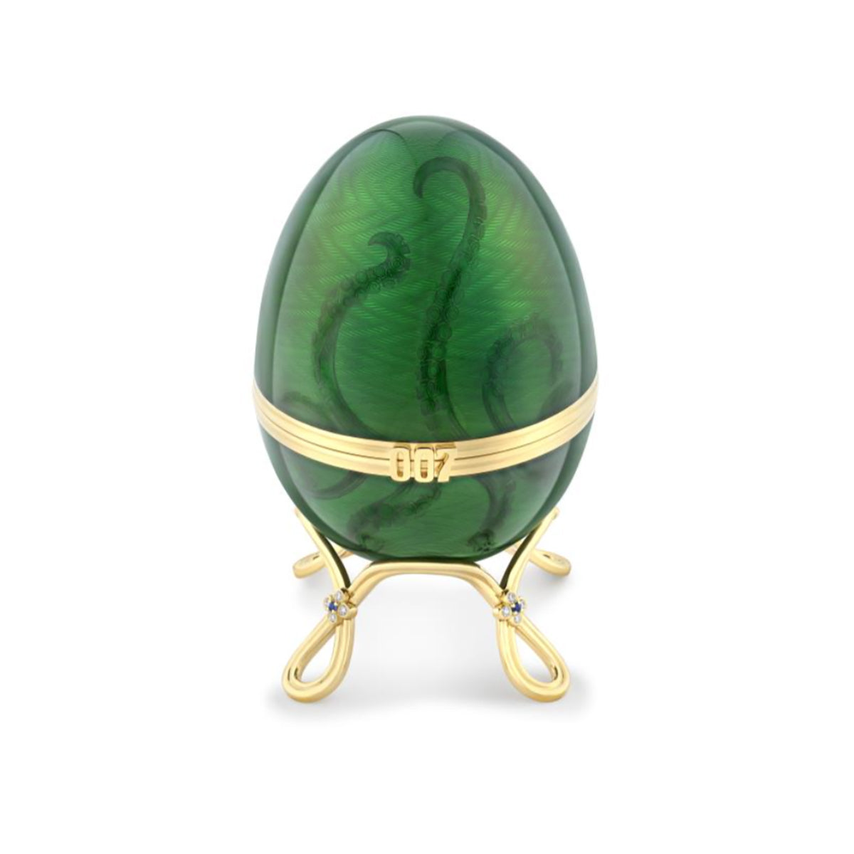 Fabergé x 007 Limited Edition Yellow Gold & Green Guilloché Enamel Octopussy Egg Objet