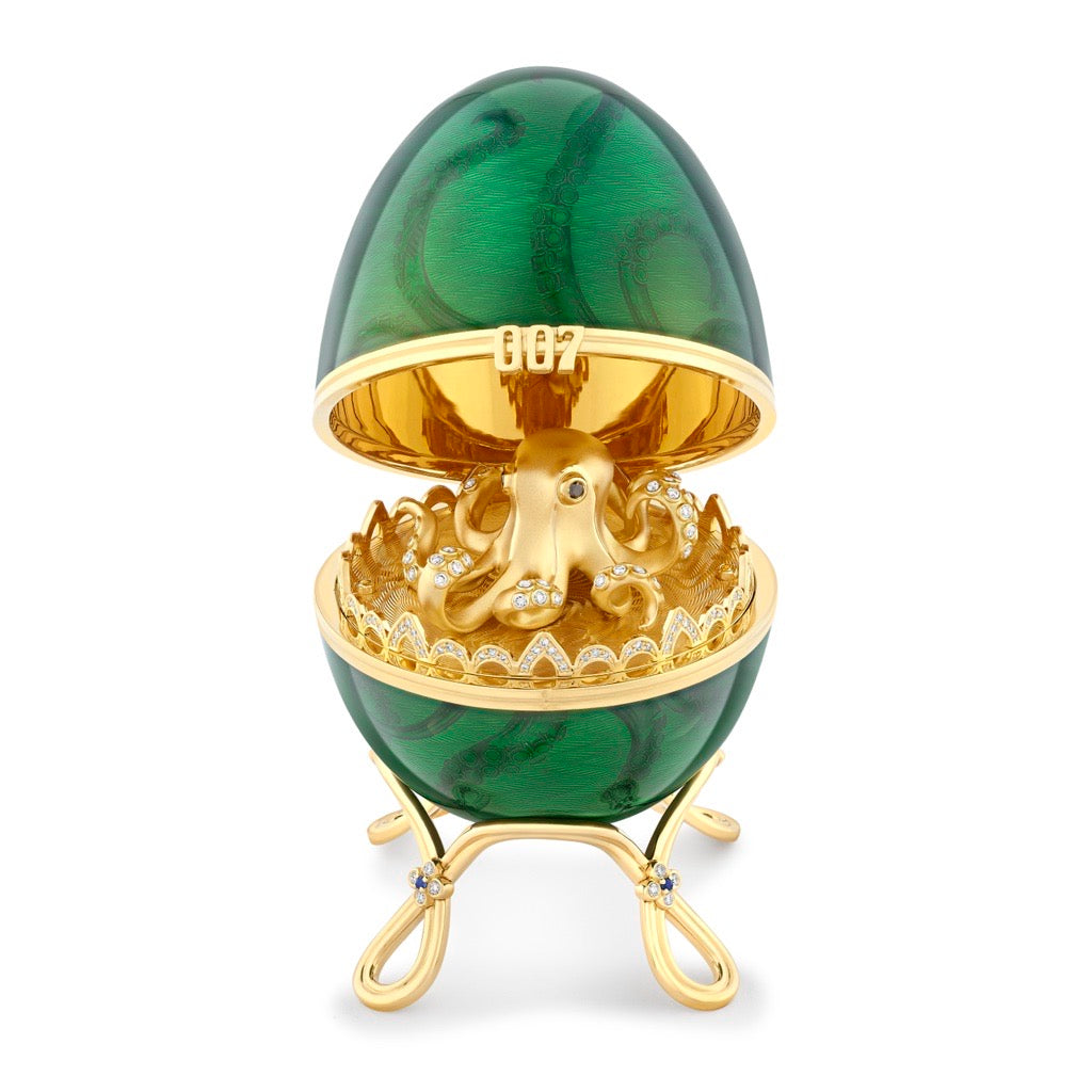 Fabergé x 007 Limited Edition Yellow Gold & Green Guilloché Enamel Octopussy Egg Objet