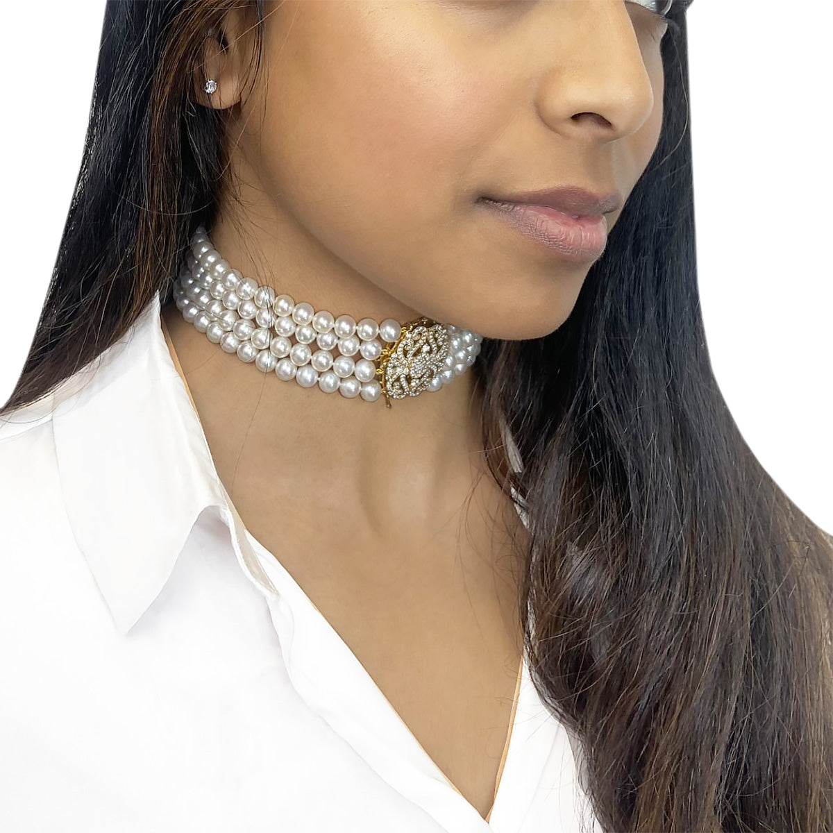 18K Yellow Gold Freshwater Pearl & Diamond Choker Necklace
