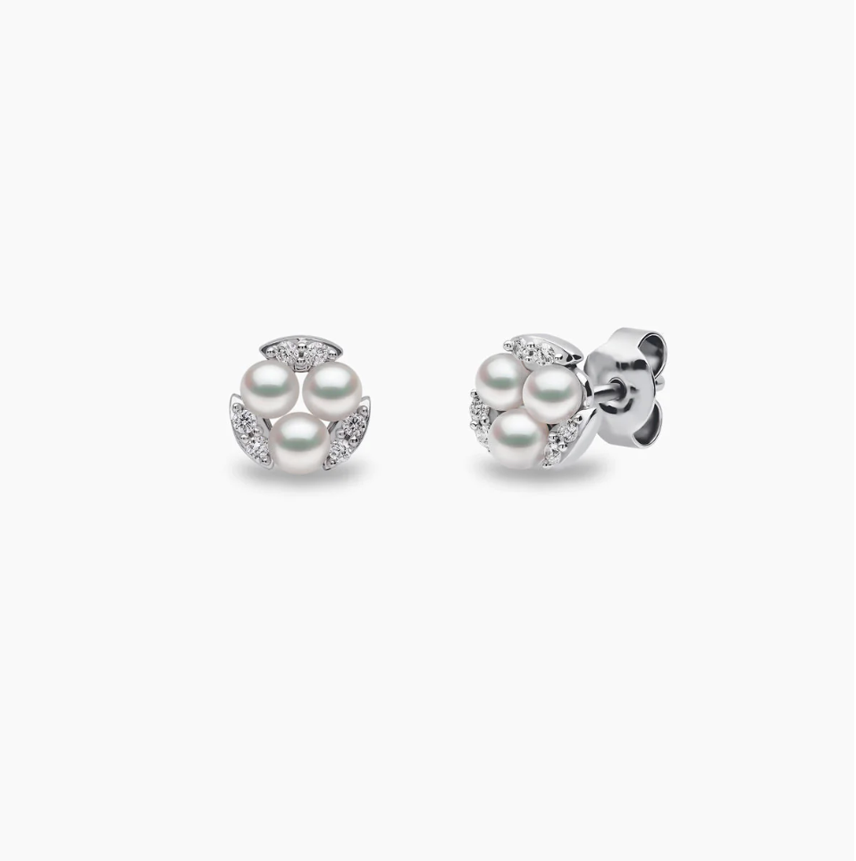 18K White Gold Akoya Pearl and Diamond Stud Earrings