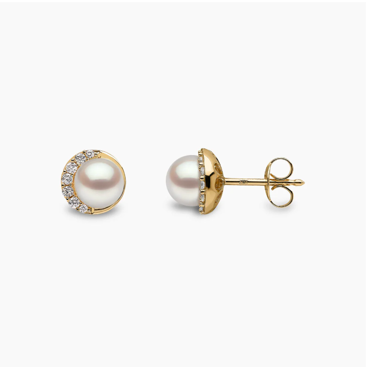 Trend 18K Gold Freshwater Pearl And Diamond Half Moon Stud Earrings