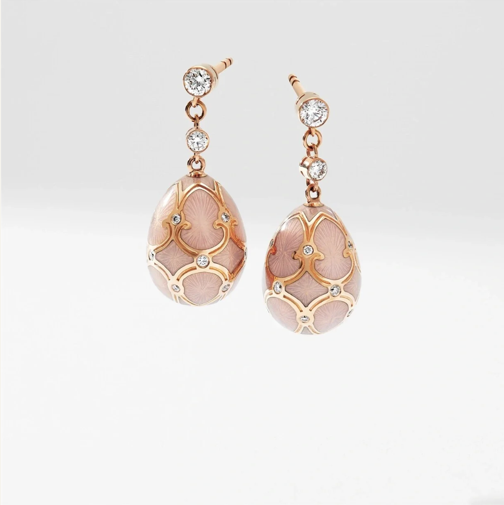 Fabergé Heritage Rose Gold Diamond & Pink Guilloché Enamel Egg Drop Earrings